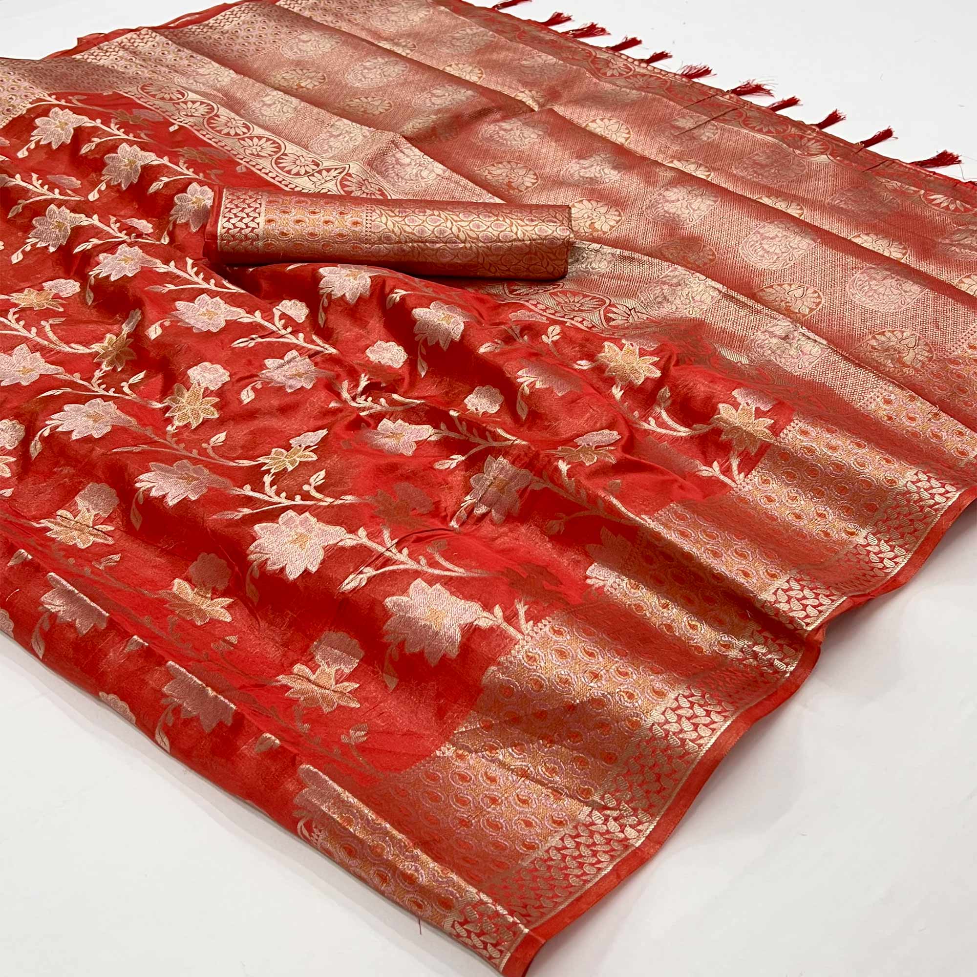 Red Floral Woven Organza Saree With Tassels