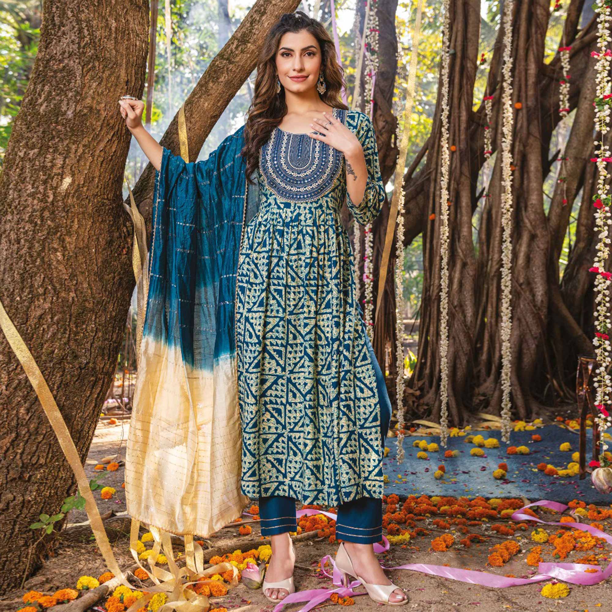 Blue Printed Rayon Naira Cut Suit