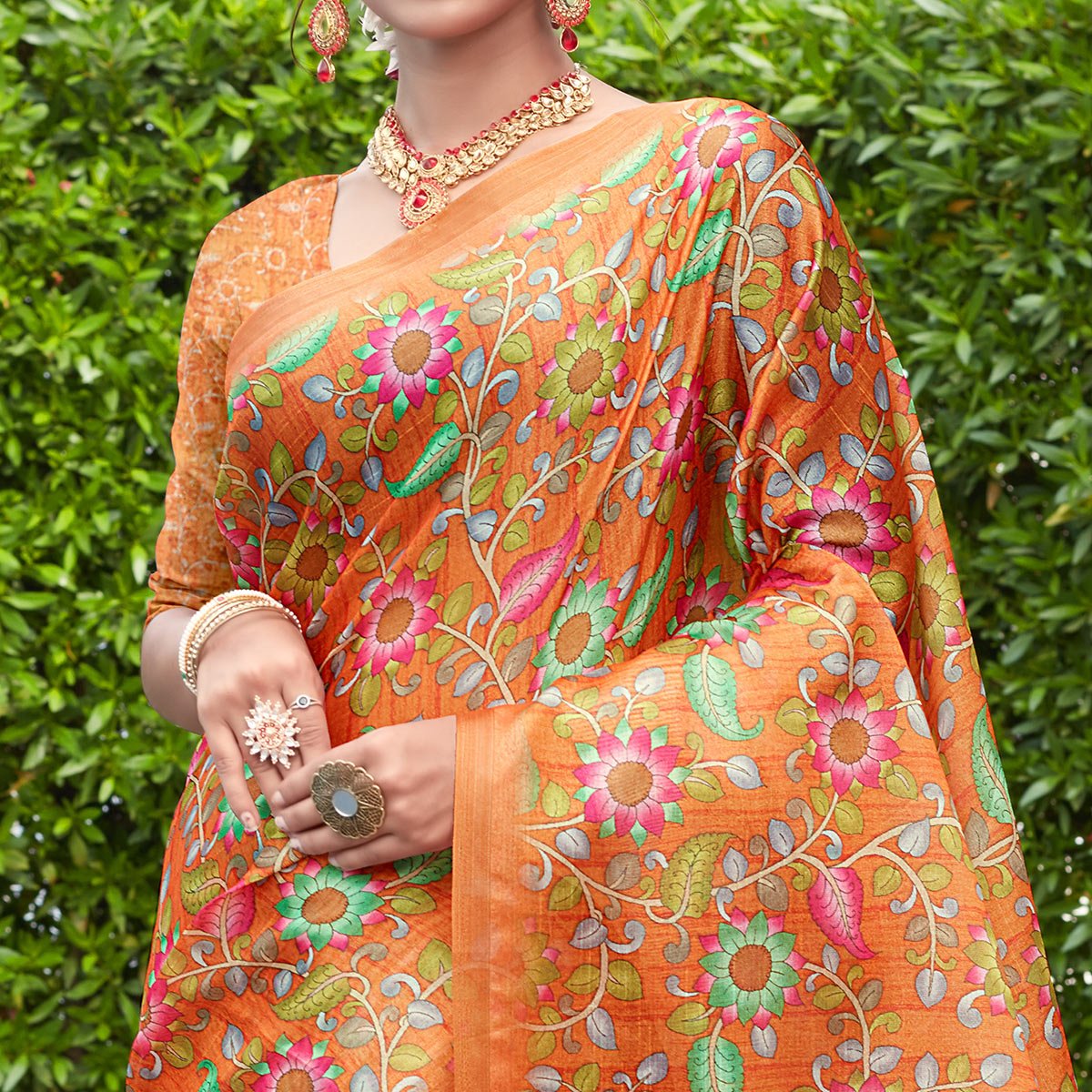 Orange Floral Digital Printed Cotton Silk Saree