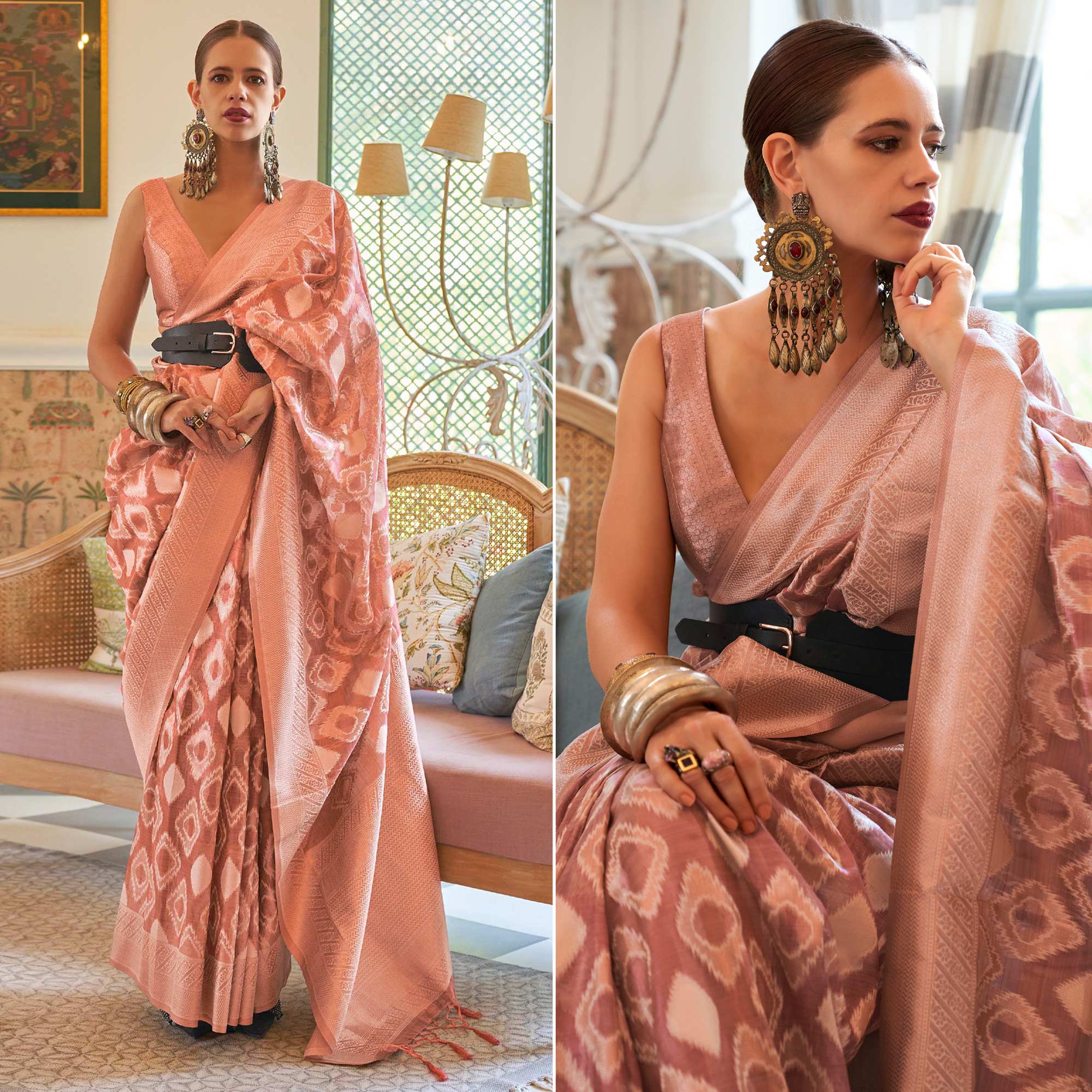 Salmon Pink Woven Art Silk Saree With Tassels