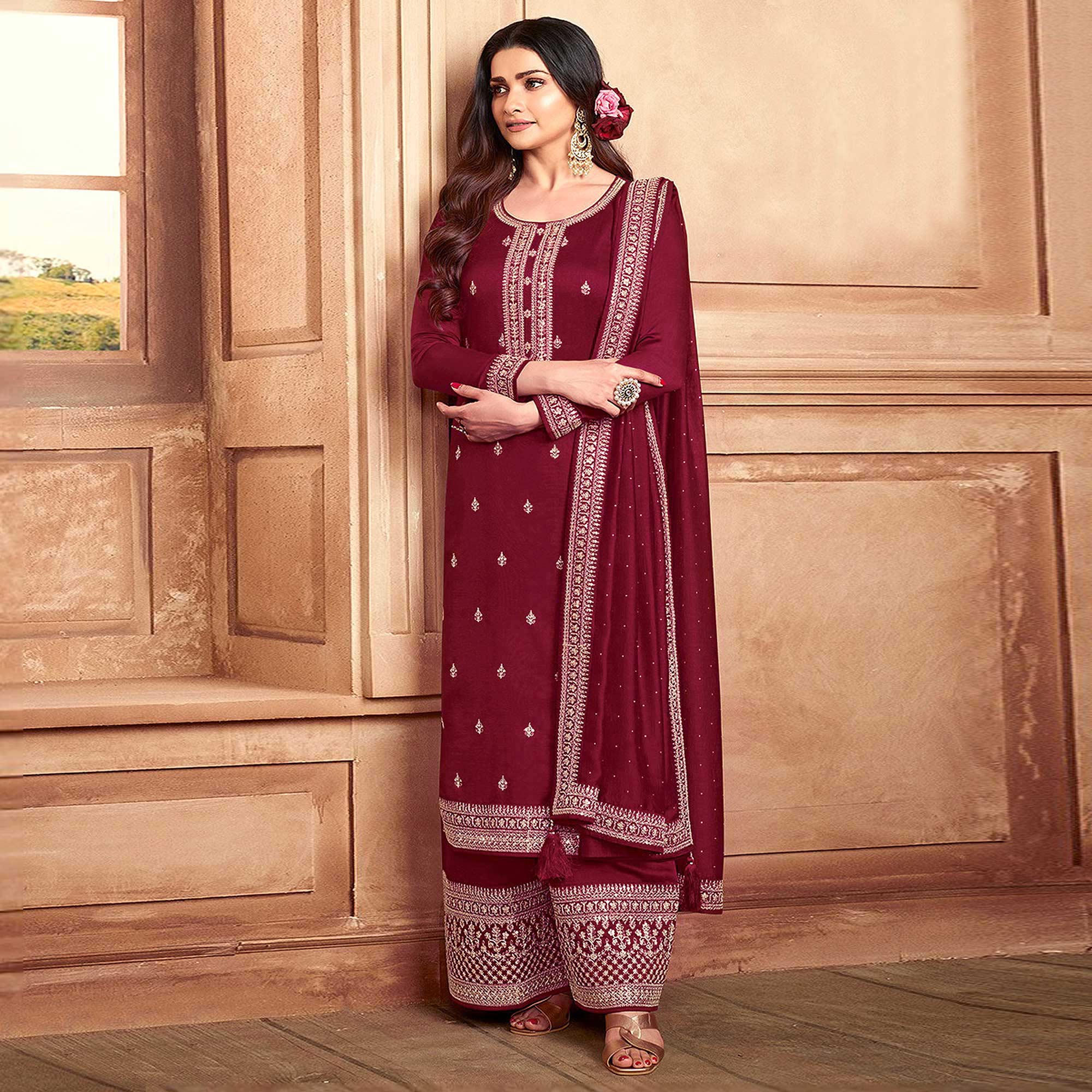 Maroon Floral Embroidered Georgette Semi Stitched Palazzo Suit