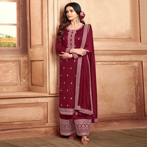 Maroon Floral Embroidered Georgette Semi Stitched Palazzo Suit