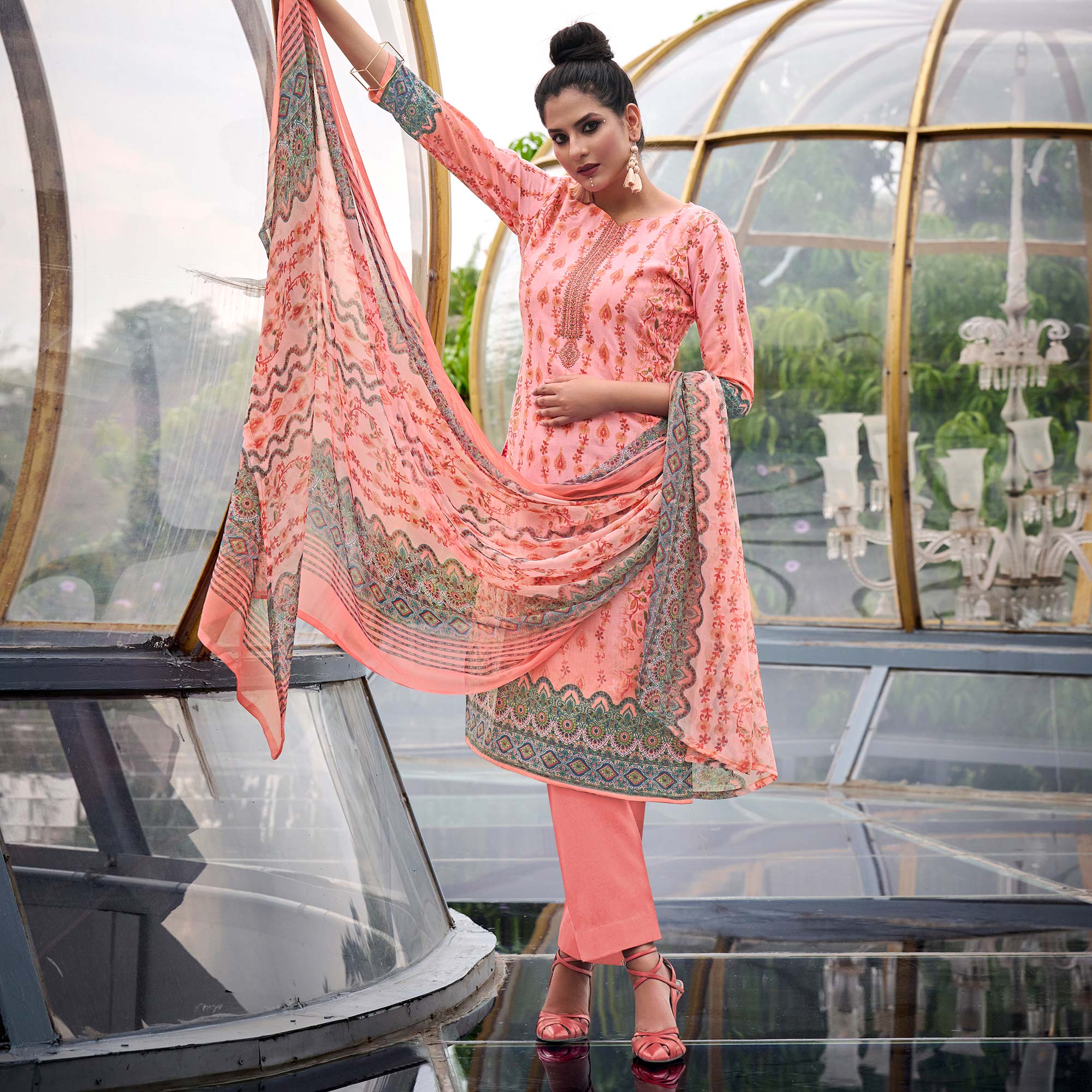 Pink Printed With Embroidered Pure Cotton Salwar Suit