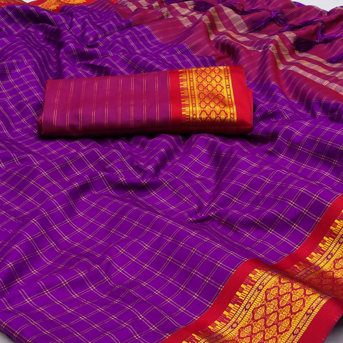 Violet Checks With Woven Border Cotton Silk Saree