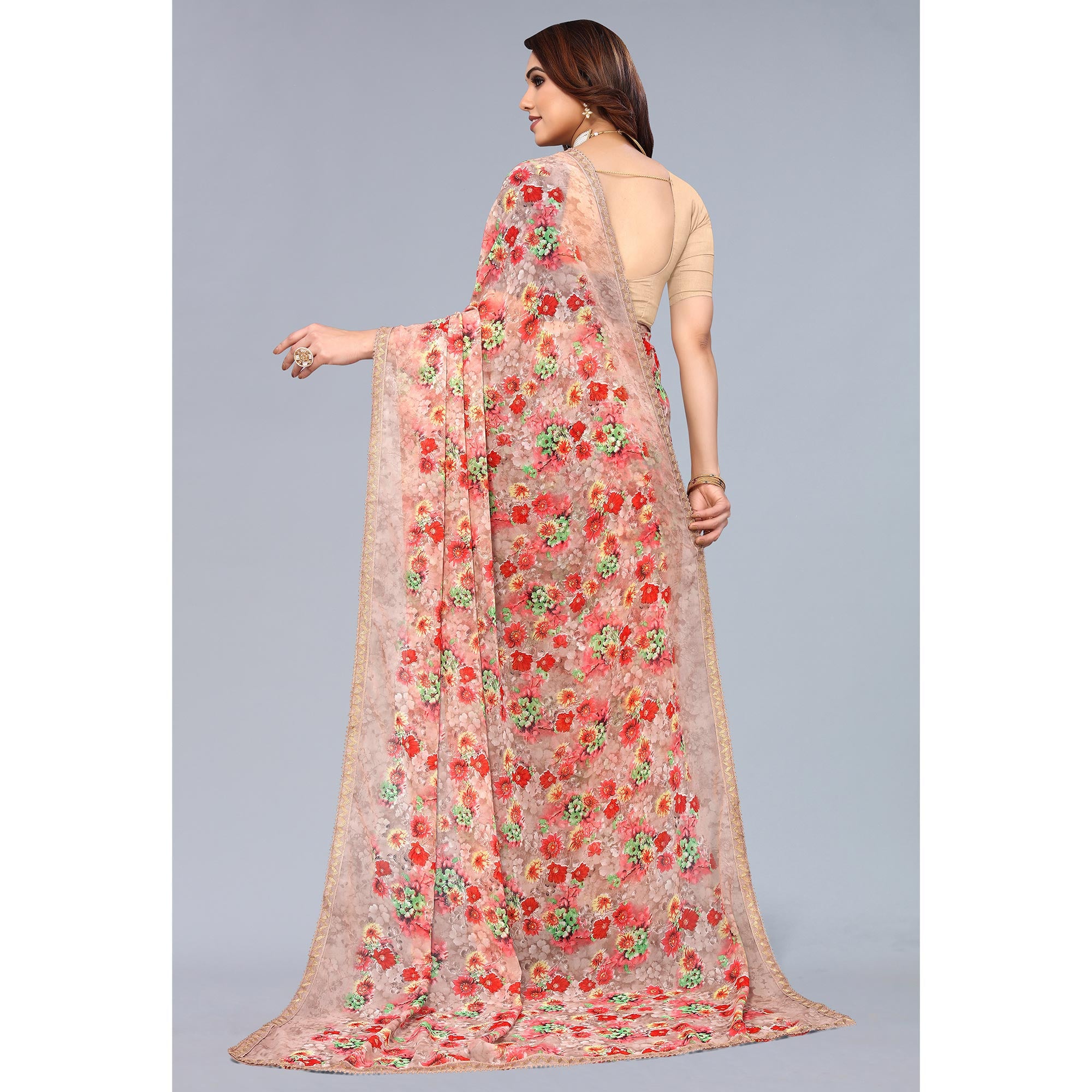 Beige Printed Georgette Saree With Crochet Border