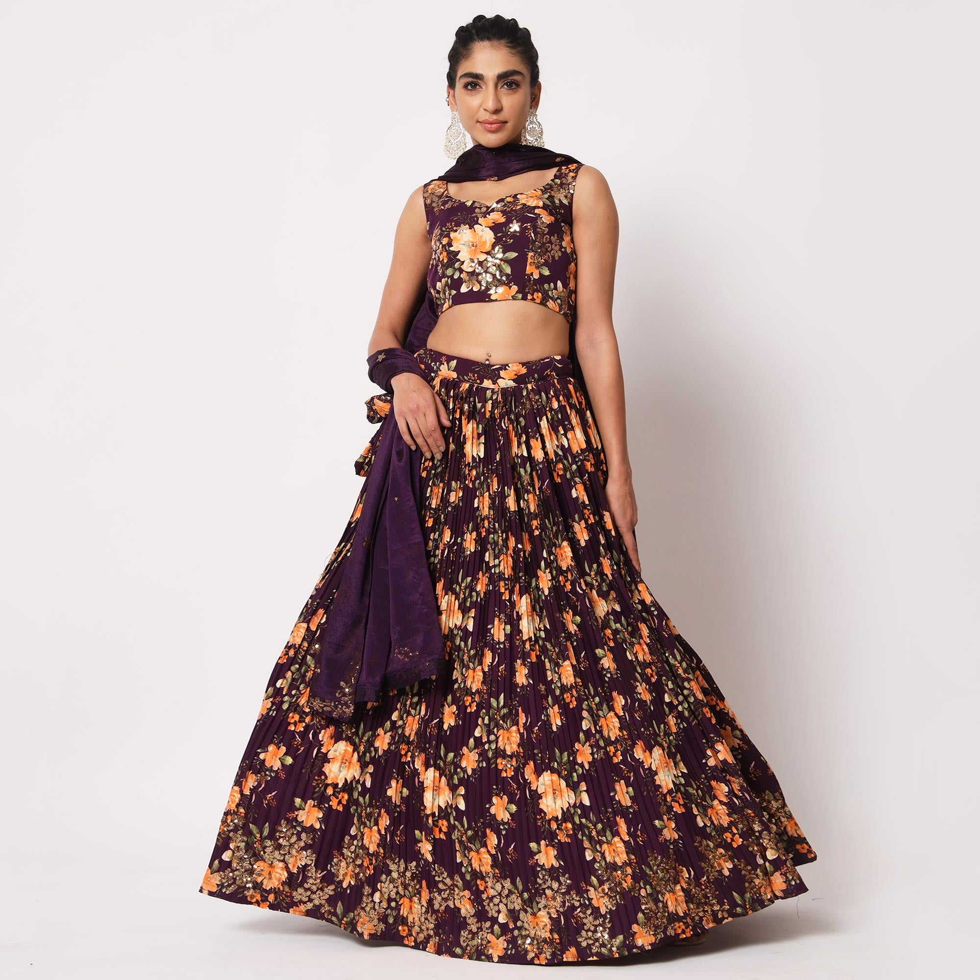 Wine Floral Printed Art Silk Lehenga Choli