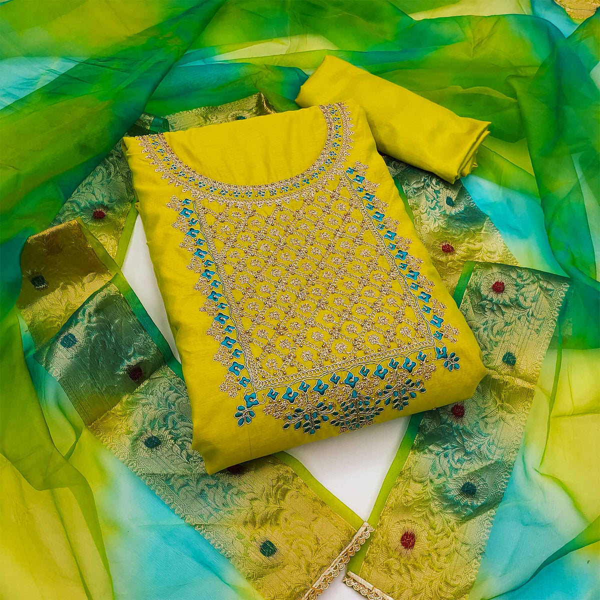 Lemon Green Embroidered Modal Dress Material Lemon Green Embroidered Modal Dress Material