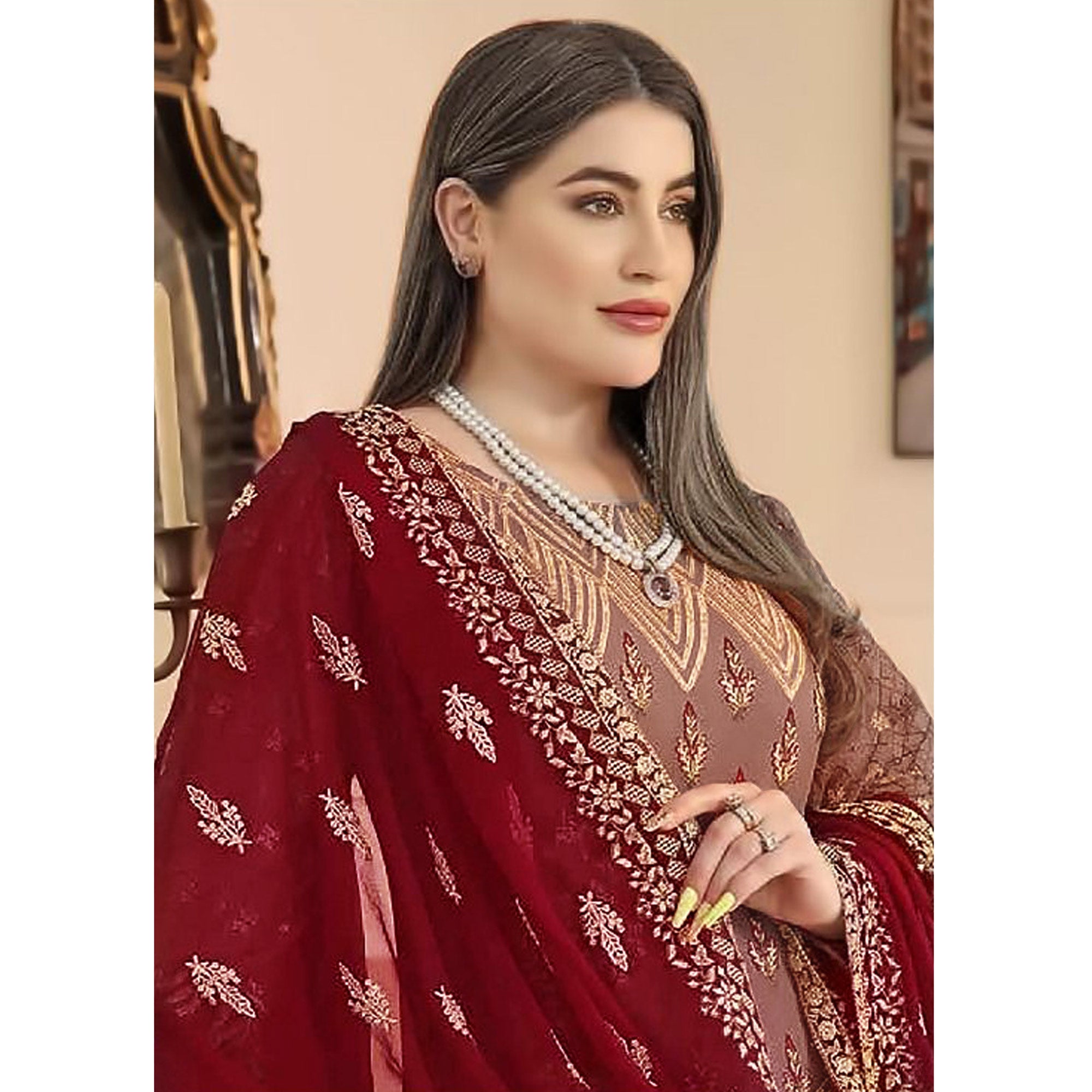 Brown Sequins Embroidered Georgette Pakistani Suit