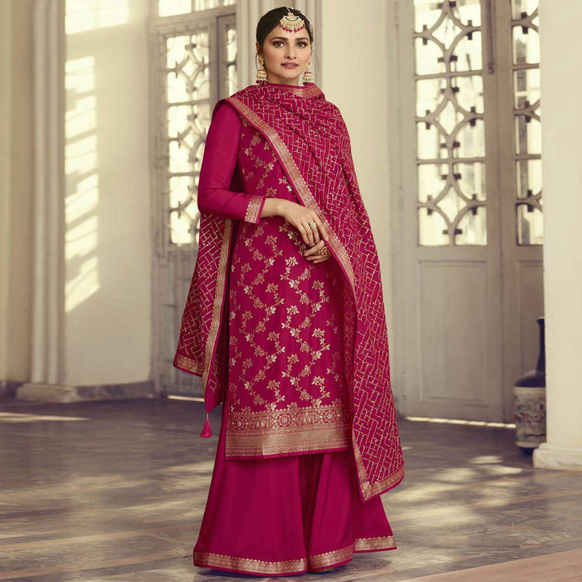 Rose Pink Embroidered Dola Silk Palazzo Suit