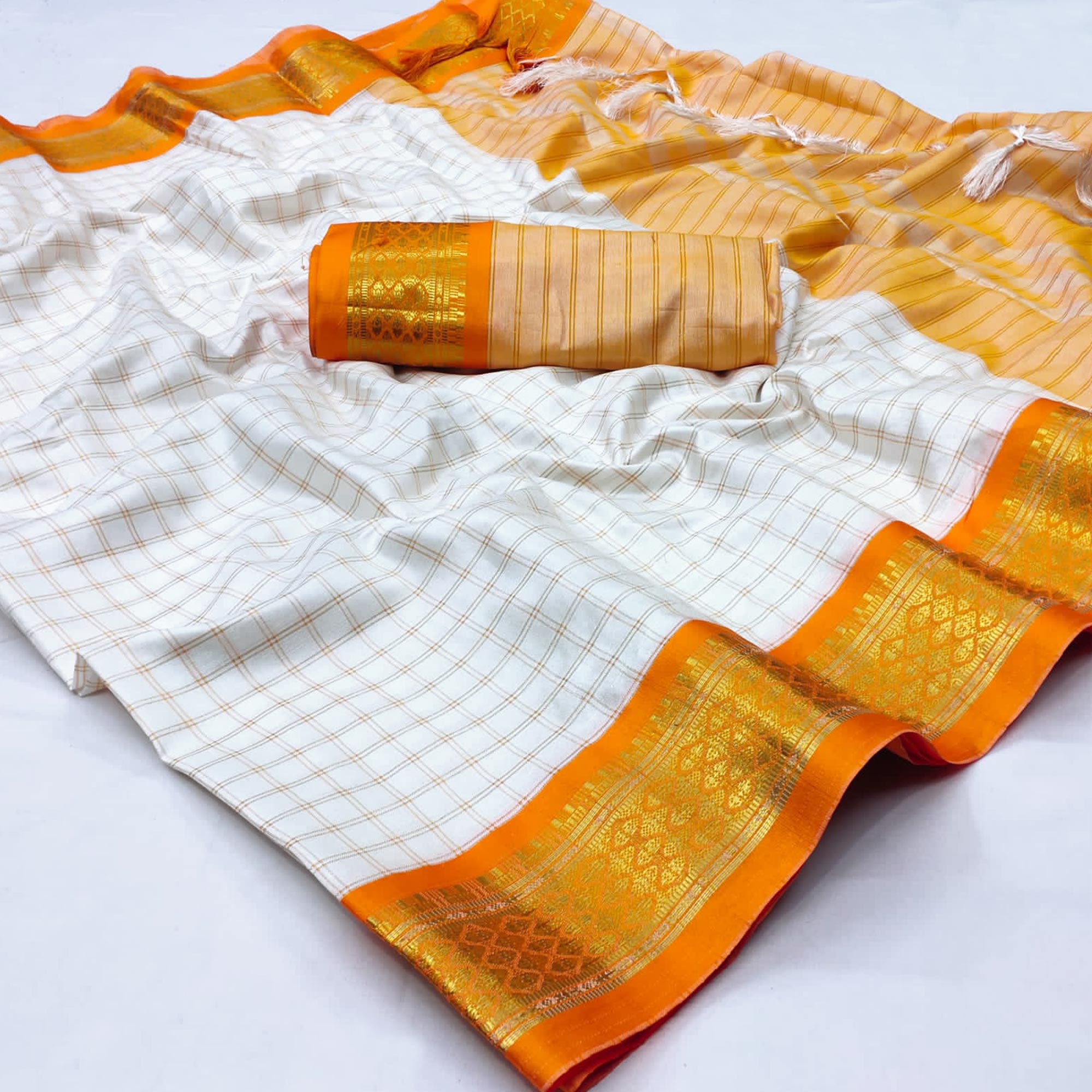 White & Orange Checks With Woven Border Cotton Silk Saree