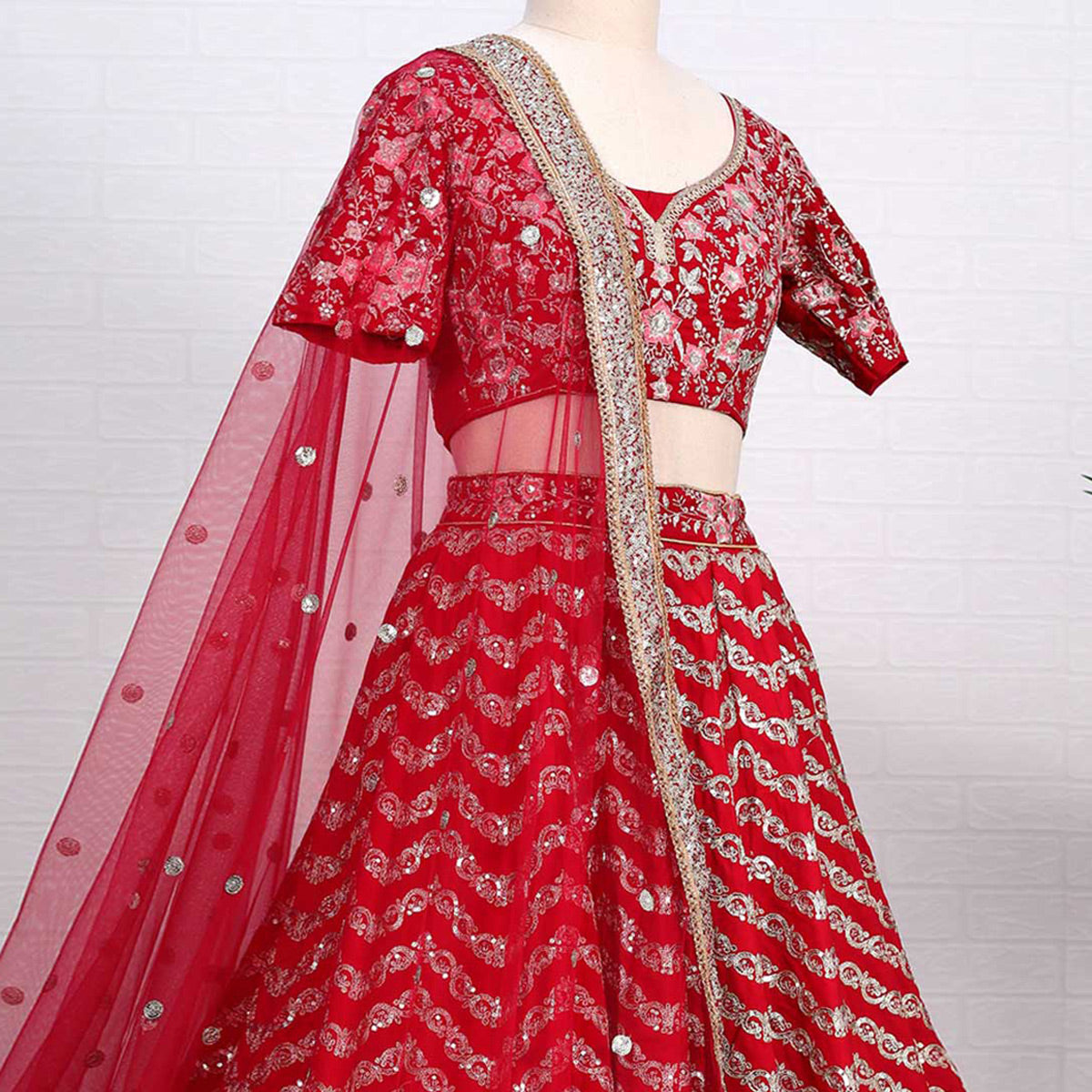 Red Sequins Embroidered Georgette Lehenga Choli