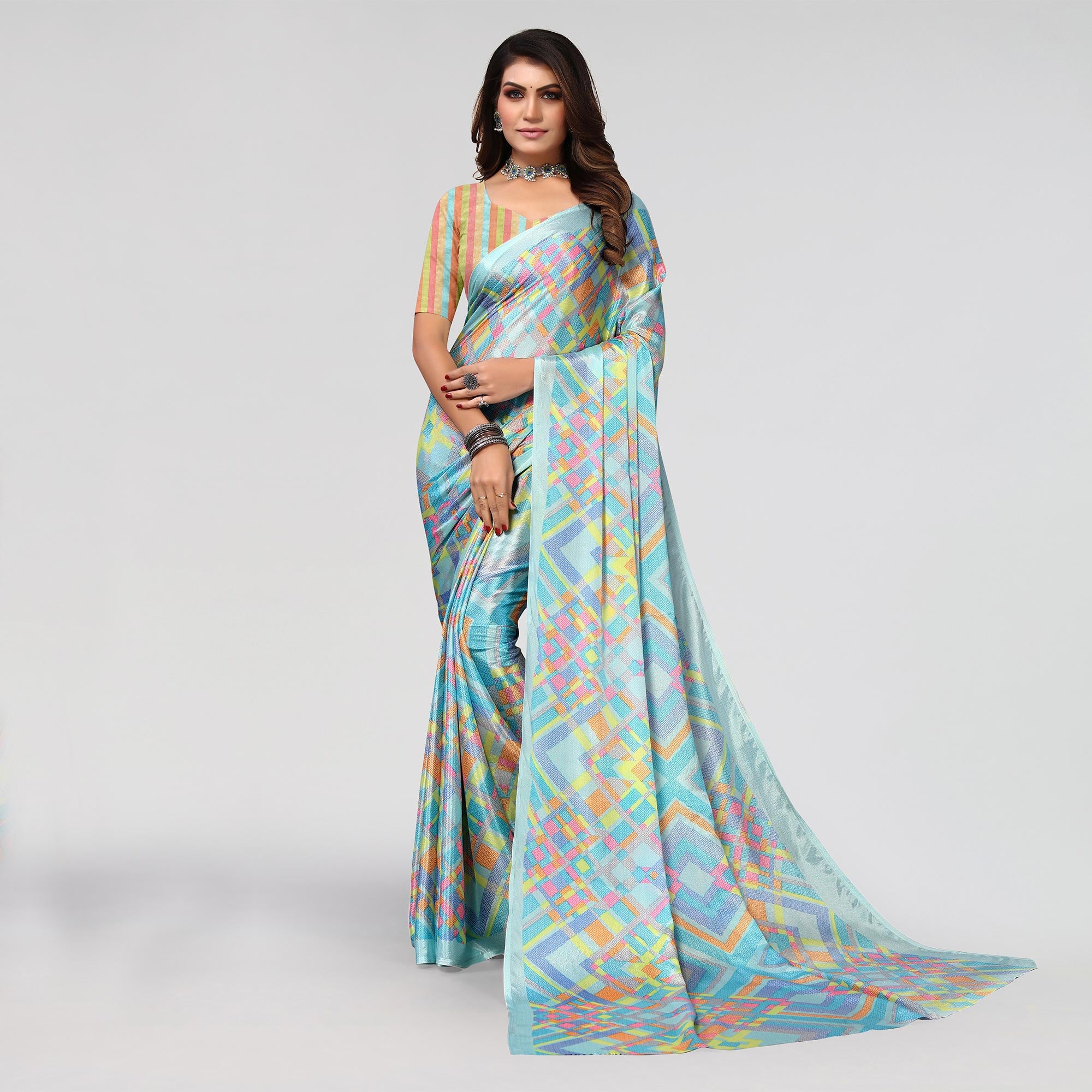 Sky Blue Geometric Printed Chiffon Saree