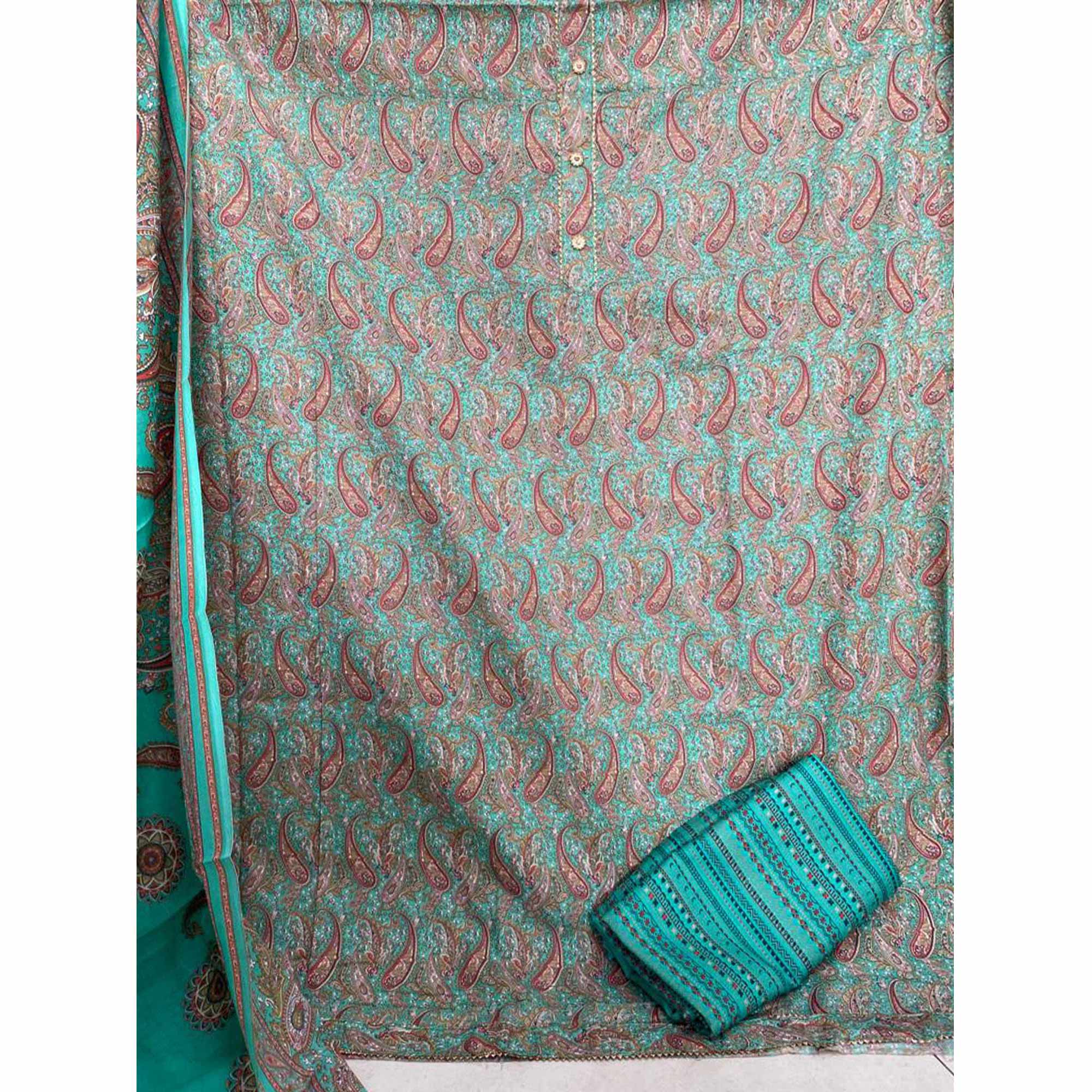 Green Printed Cotton Blend Dress Material