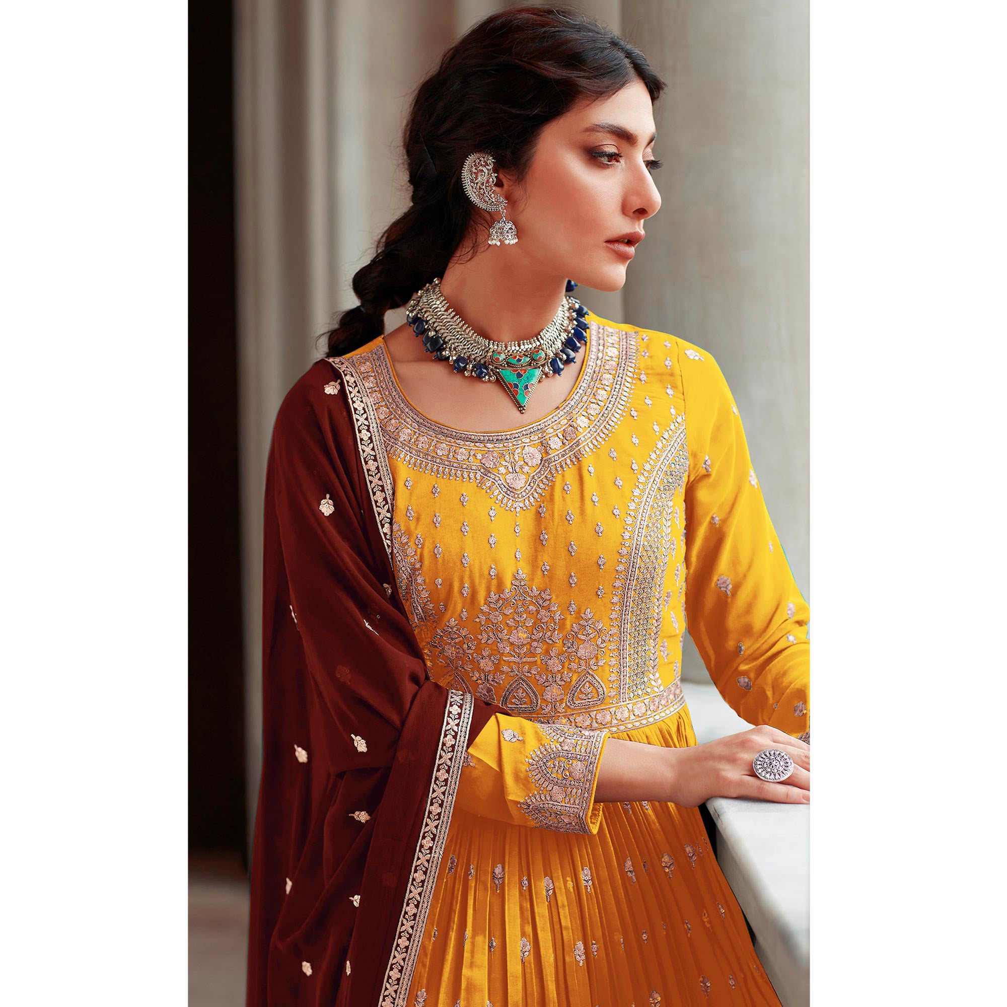 Mustard Floral Embroidered Georgette Sharara Suit