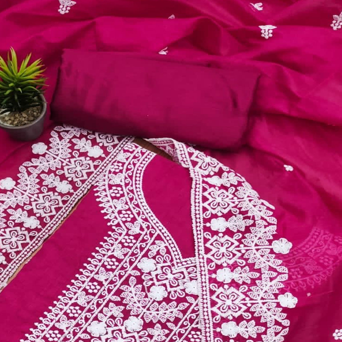 Rani Pink Lucknowi Embroidered Modal Dress Material