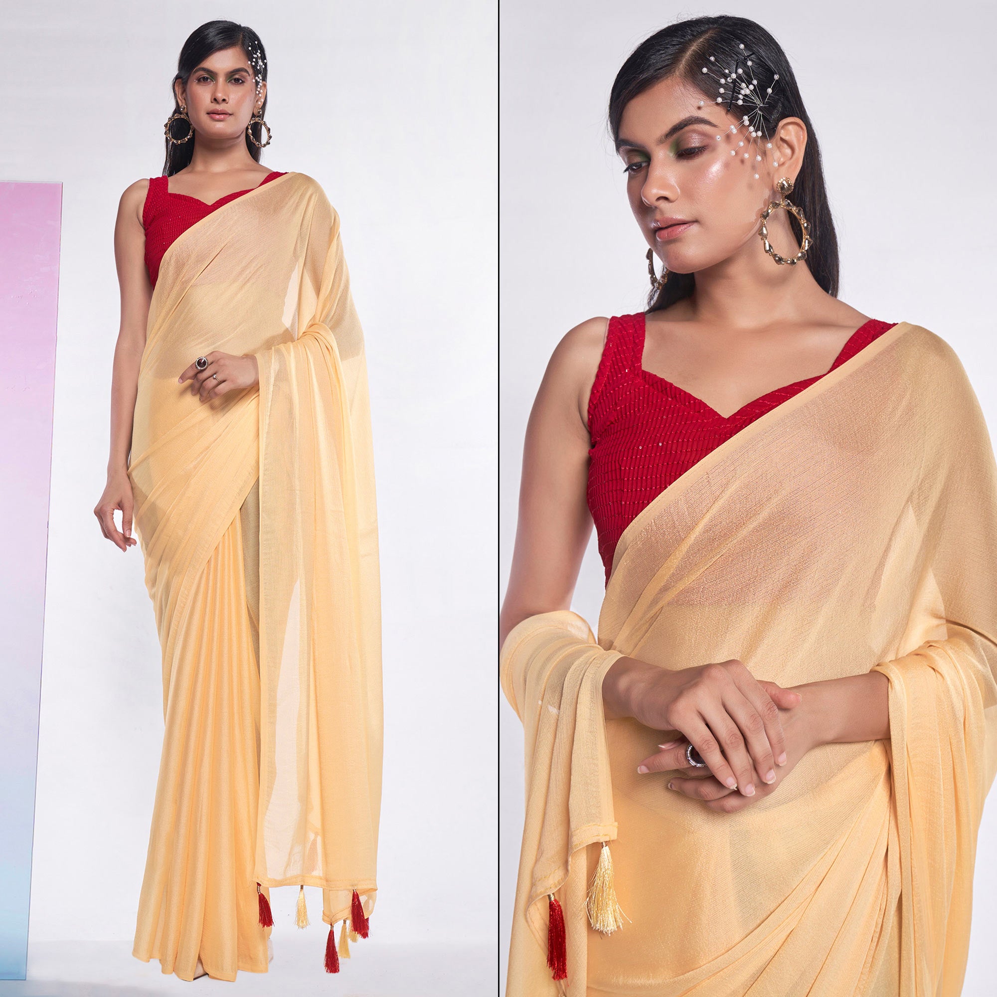 Yellow Solid Georgette Saree With Tassels