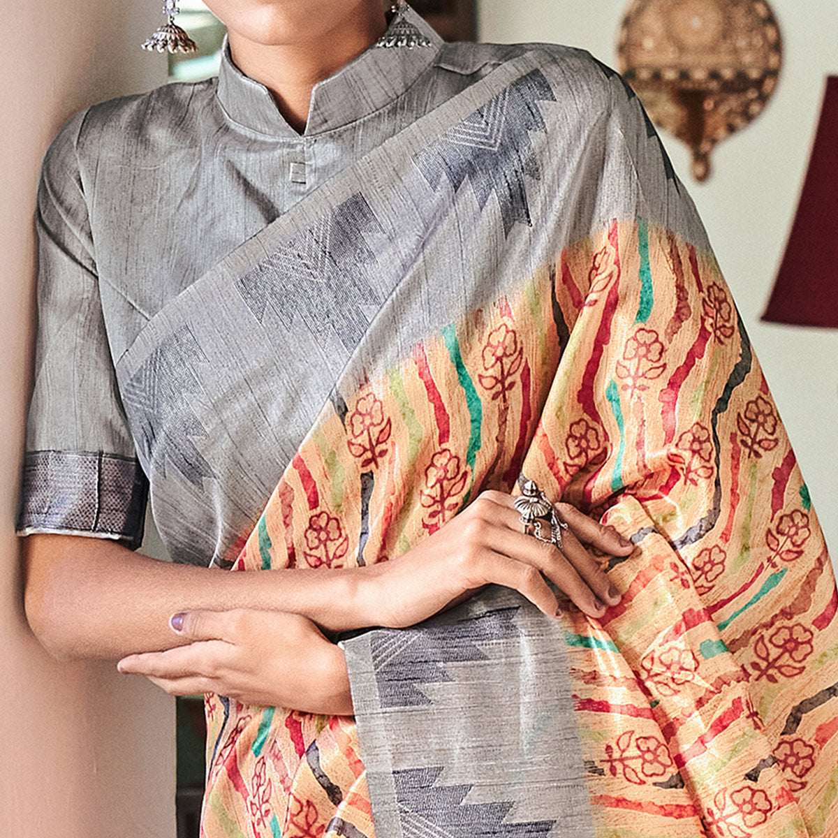 Beige Digital Printed Raw Silk Saree With Tassels