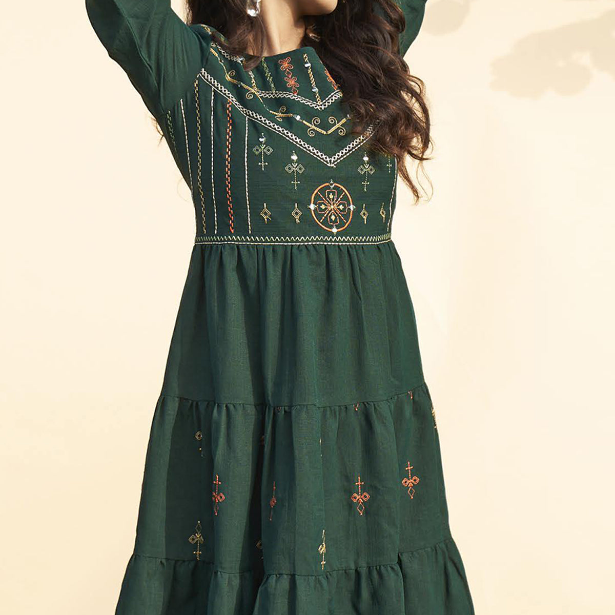 Bottle Green Embroidered Rayon Short Dress