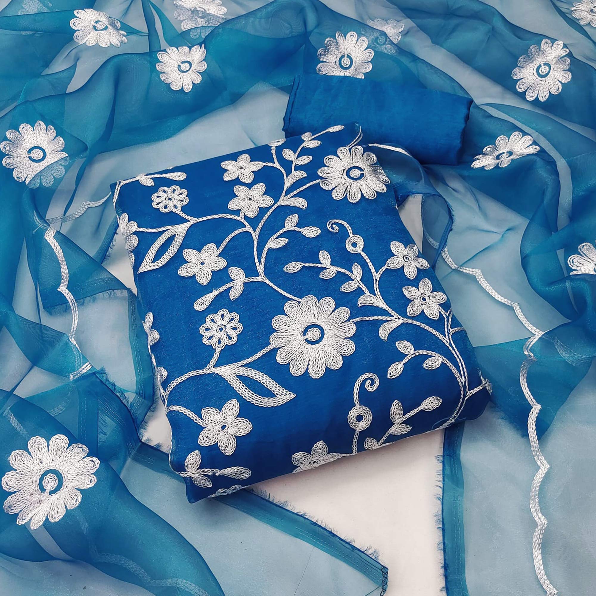 Blue Floral Embroidered Organza Dress Material