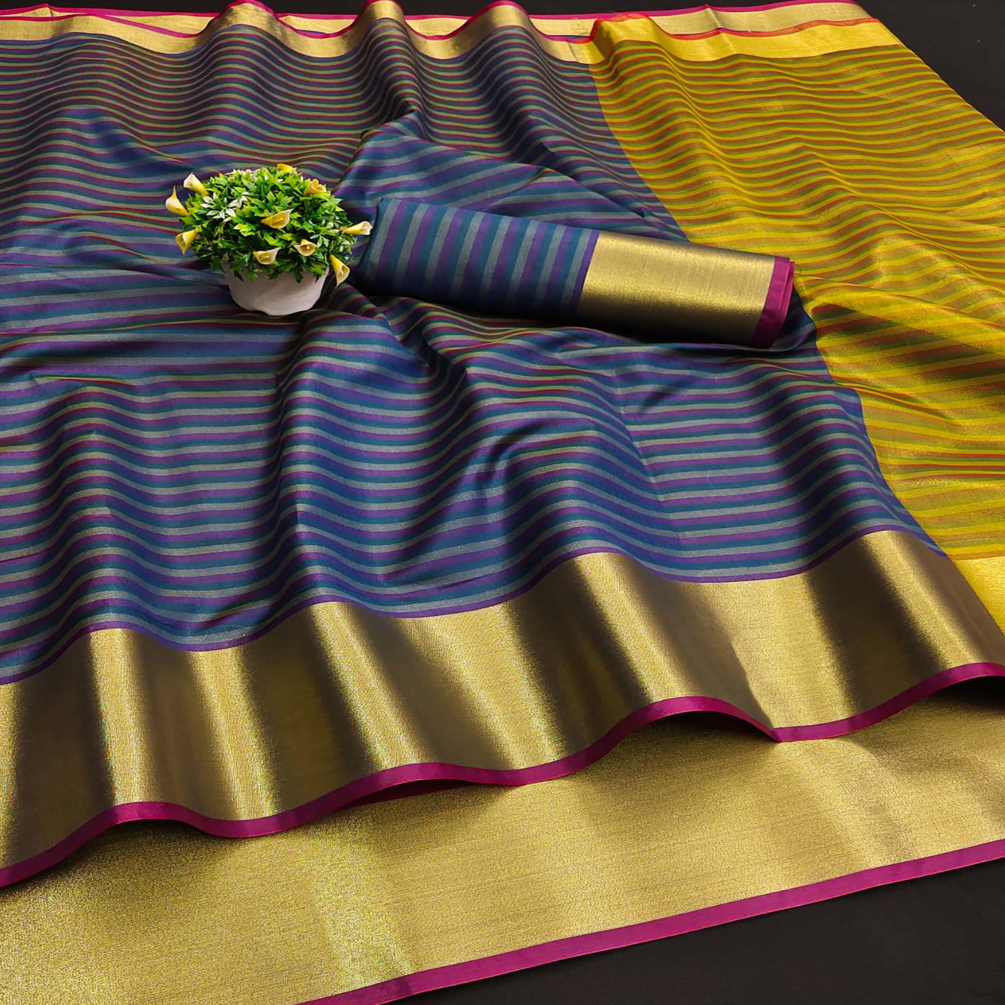 Navy Blue Woven Cotton Silk Saree