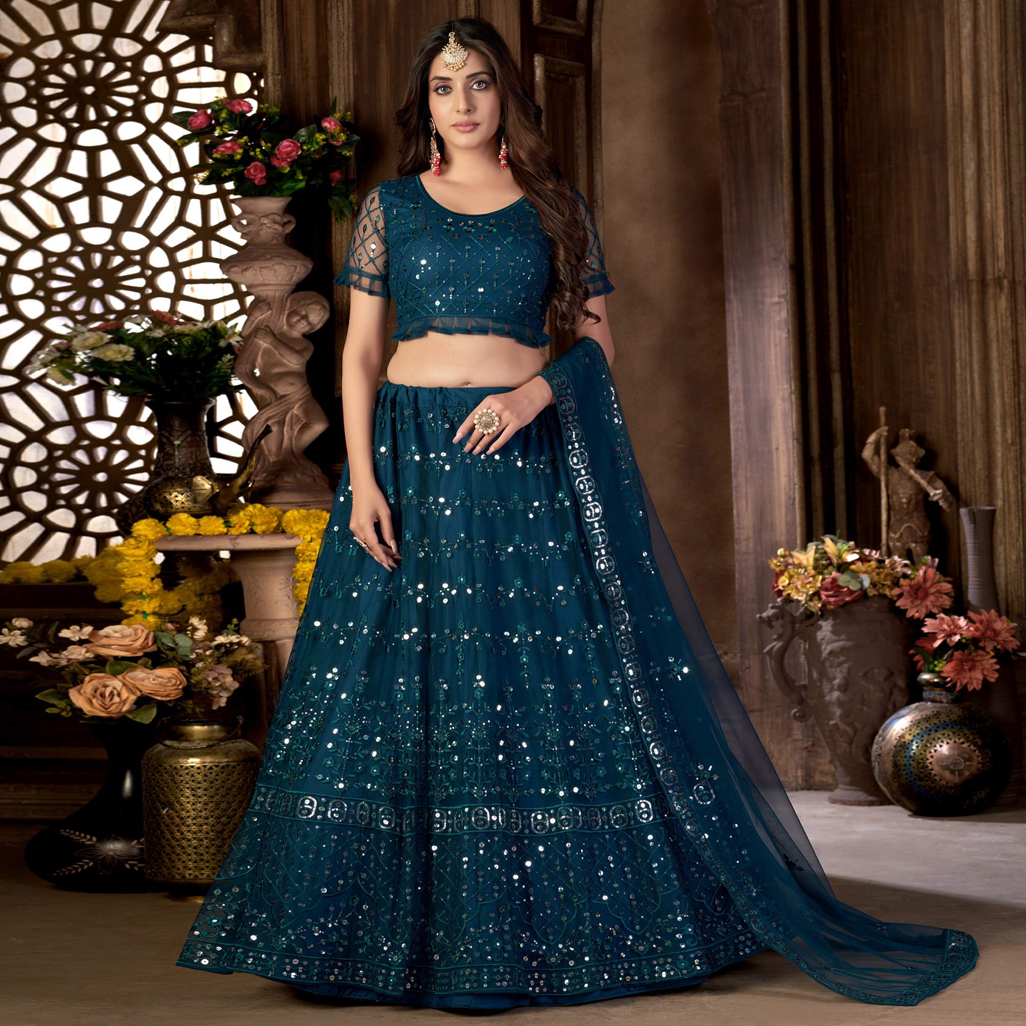 Teal Blue Sequins Embroidered Netted Lehenga Choli