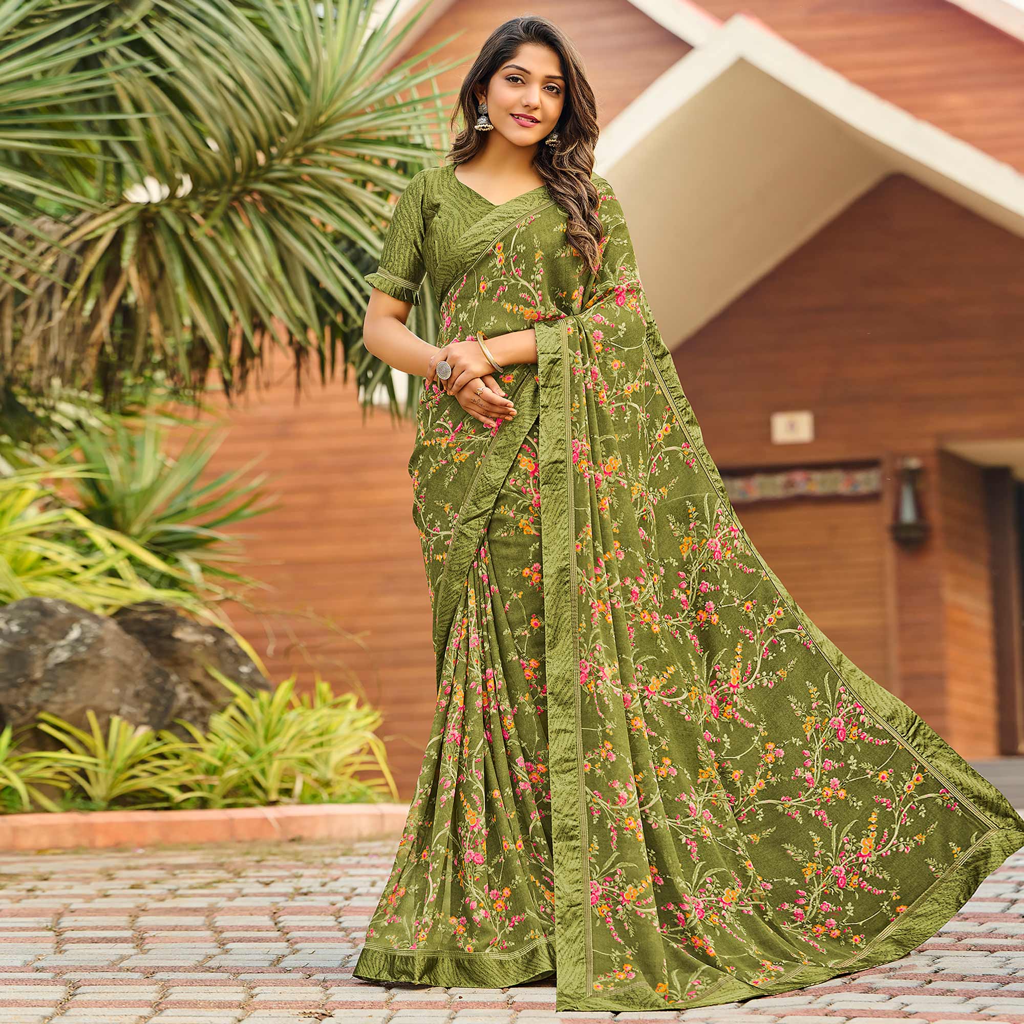 Green Floral Printed Georgette Saree