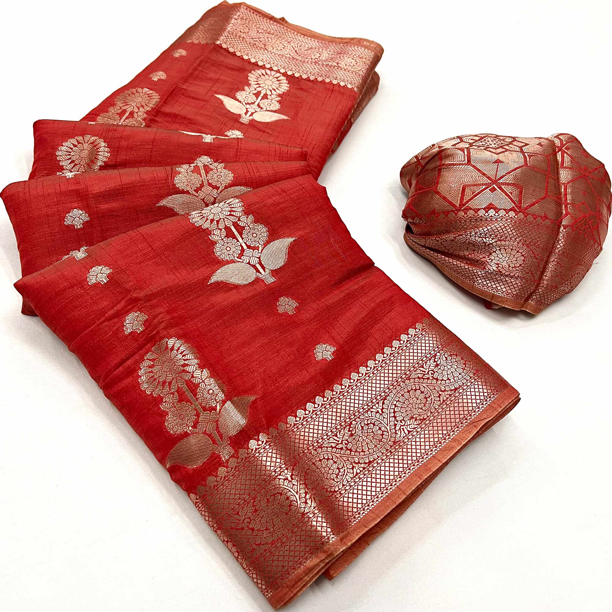 Red Floral Woven Organza Saree