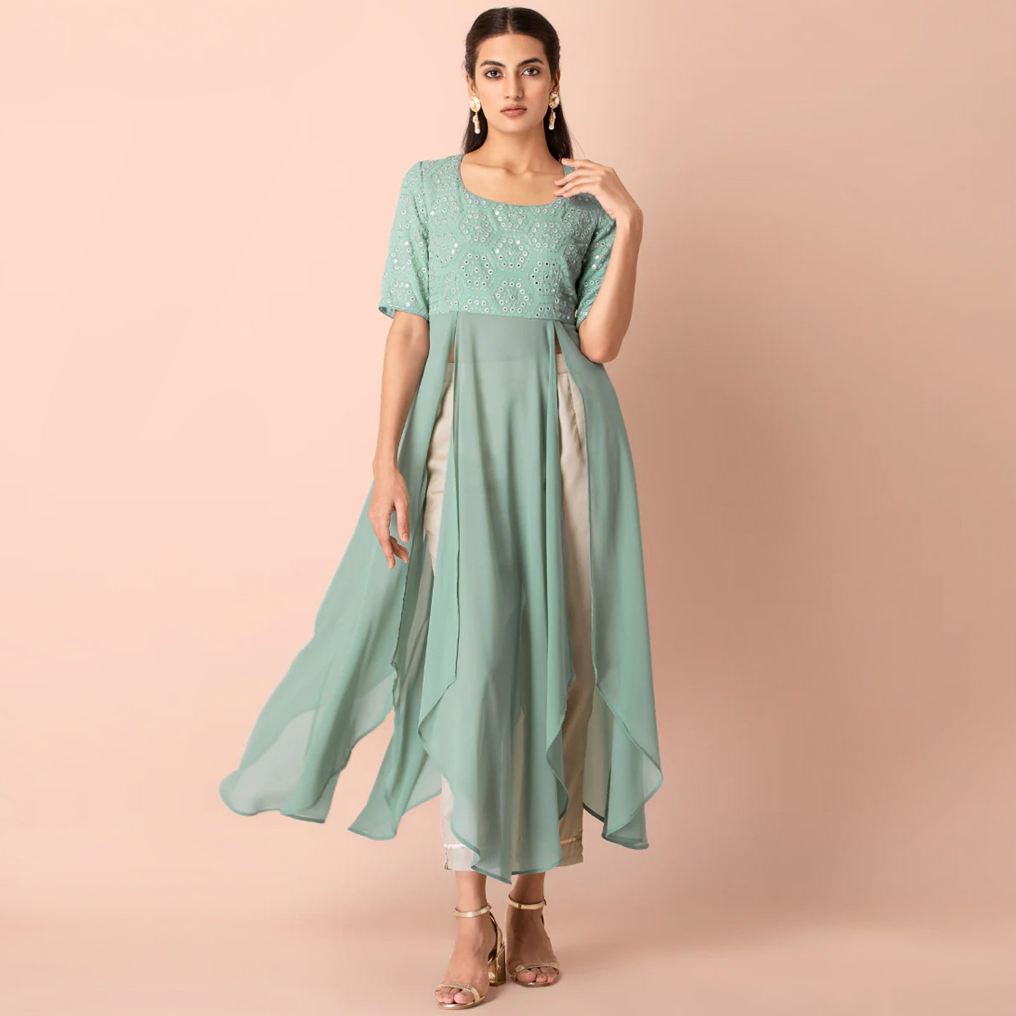 Light Sea Green Mirror Embroidered Georgette Kurti