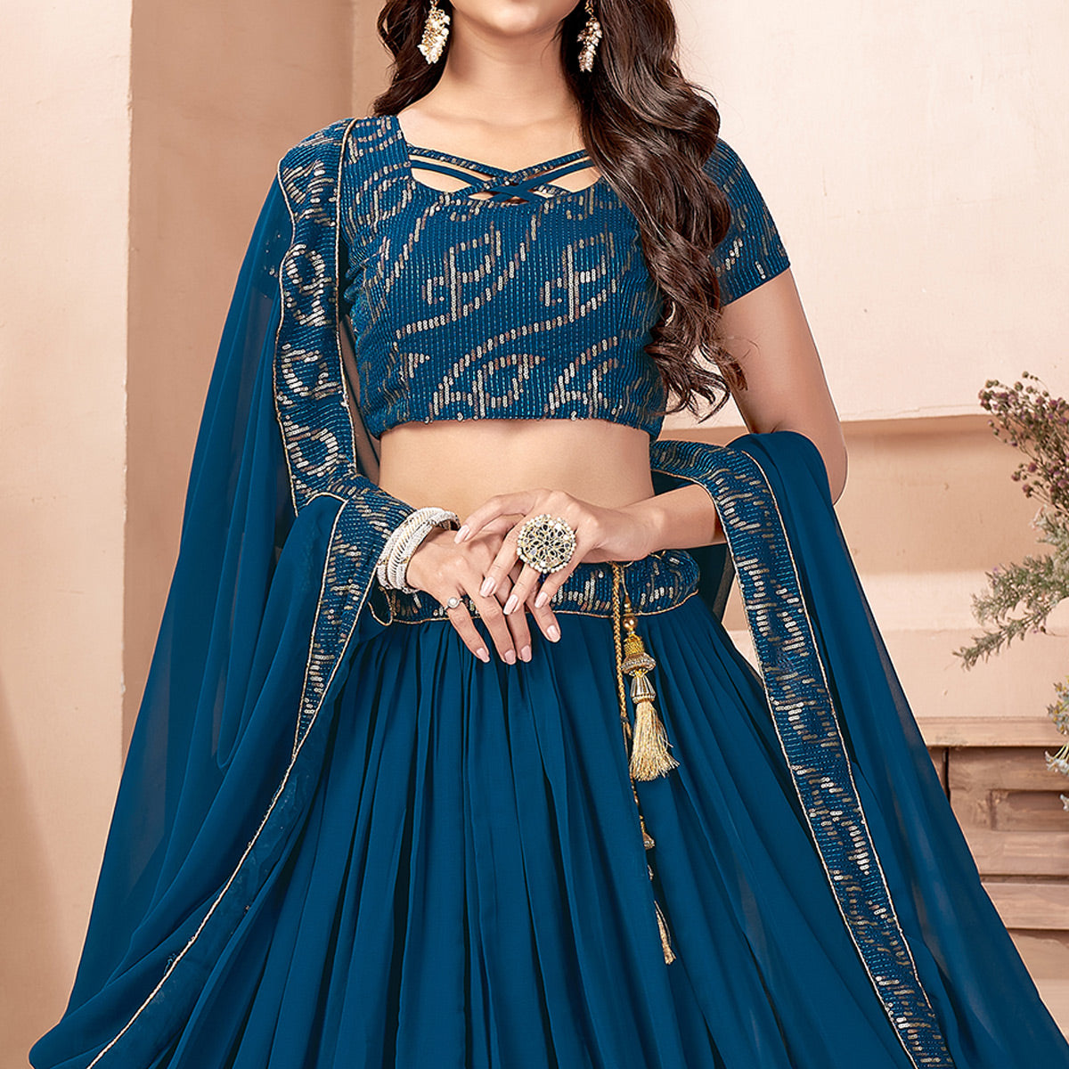 Teal Blue Sequins Embroidered Georgette Lehenga Choli