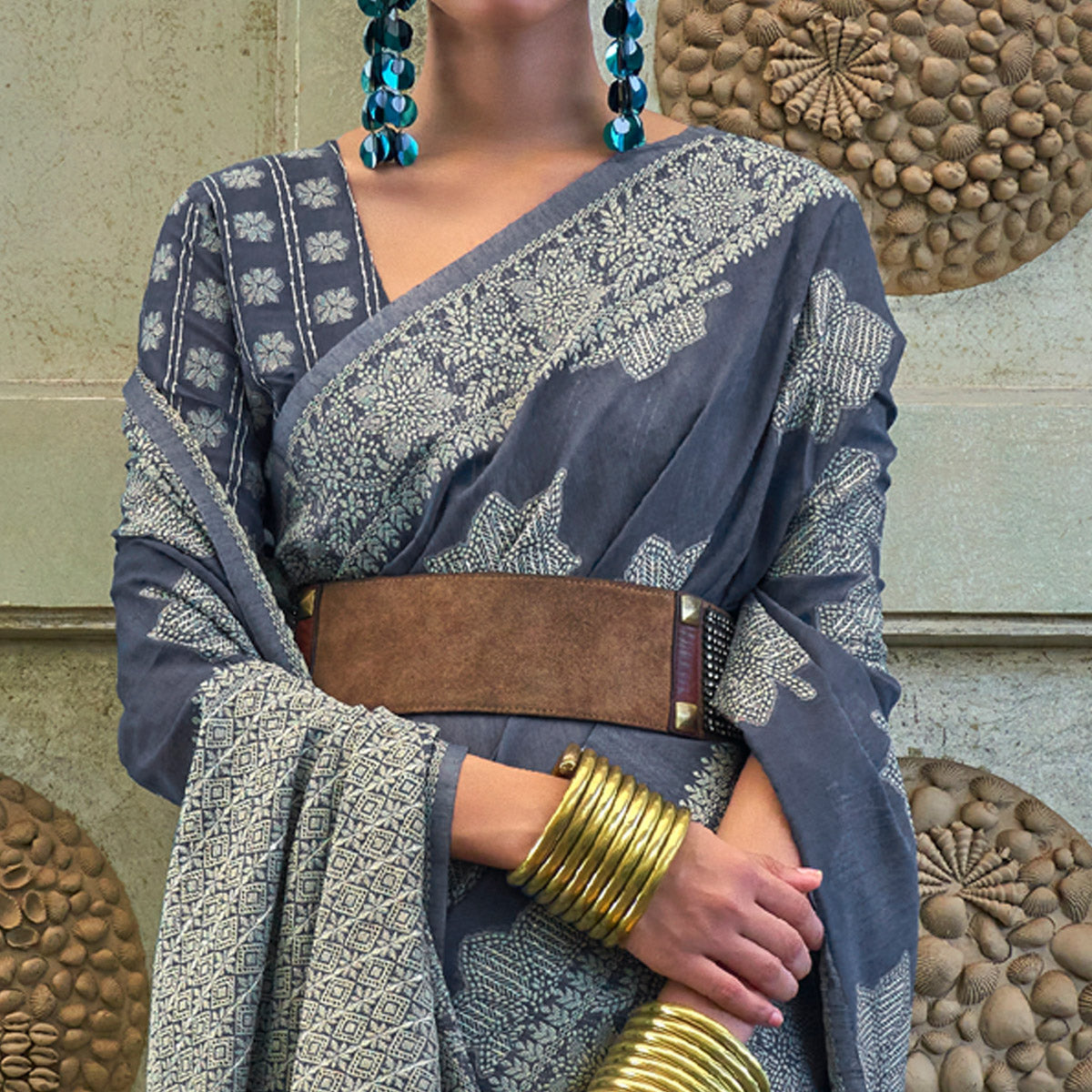 Grey Lucknowi & Sequins Embroidered Art Silk Saree