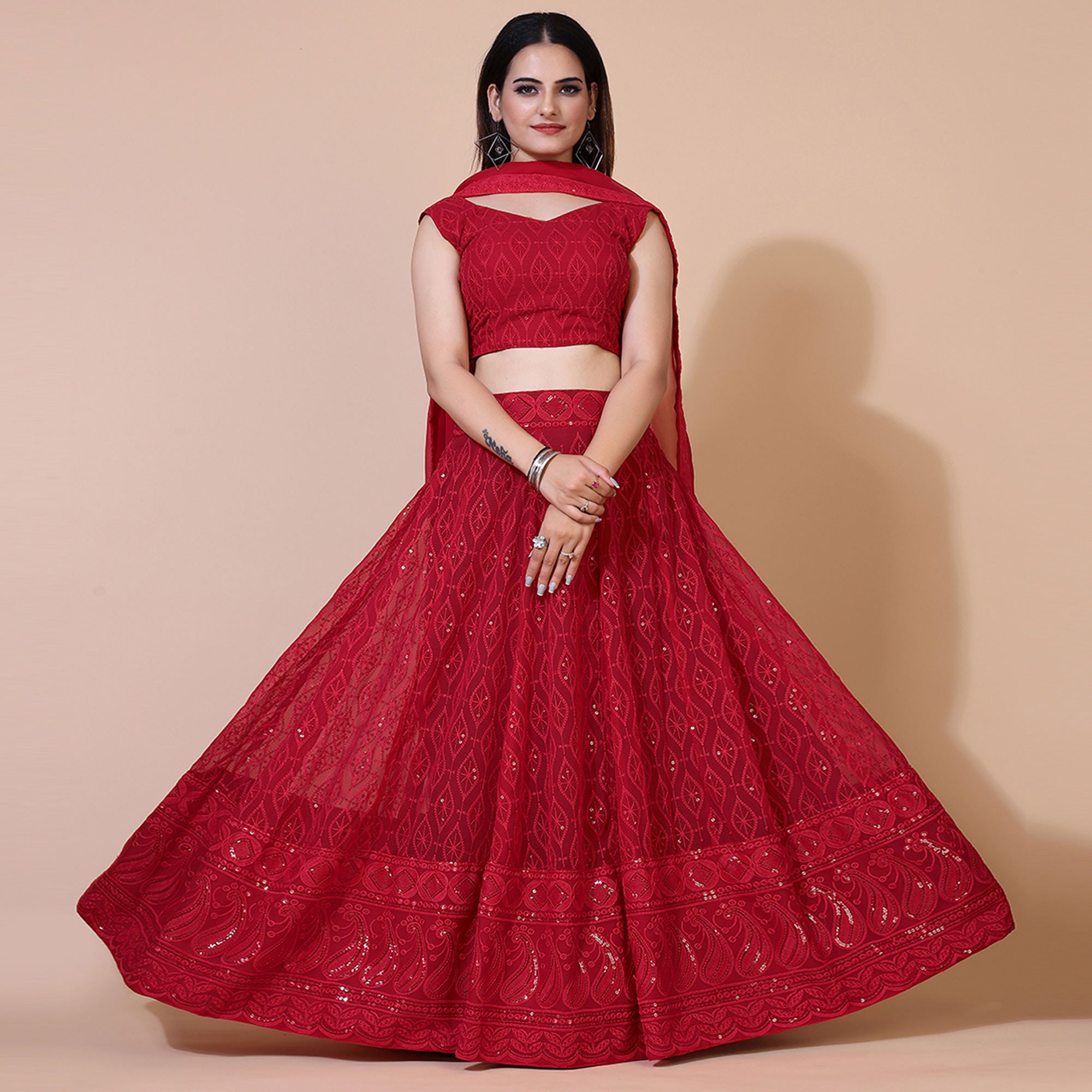 Dark Red Lucknowi Chikankari Work Georgette Lehenga Choli