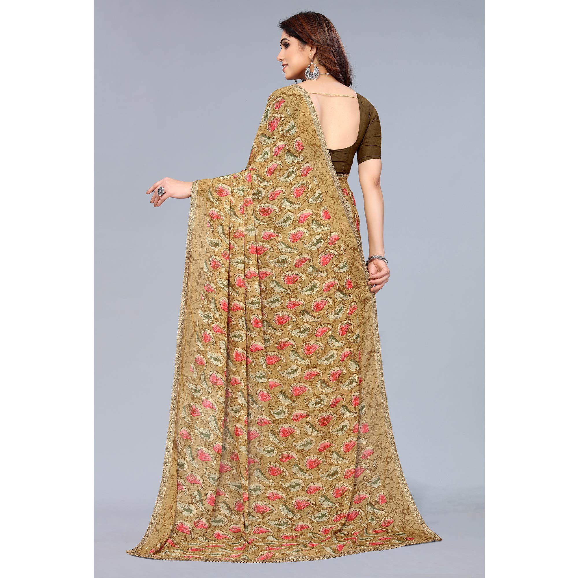 Beige Printed Georgette Saree With Crochet Border