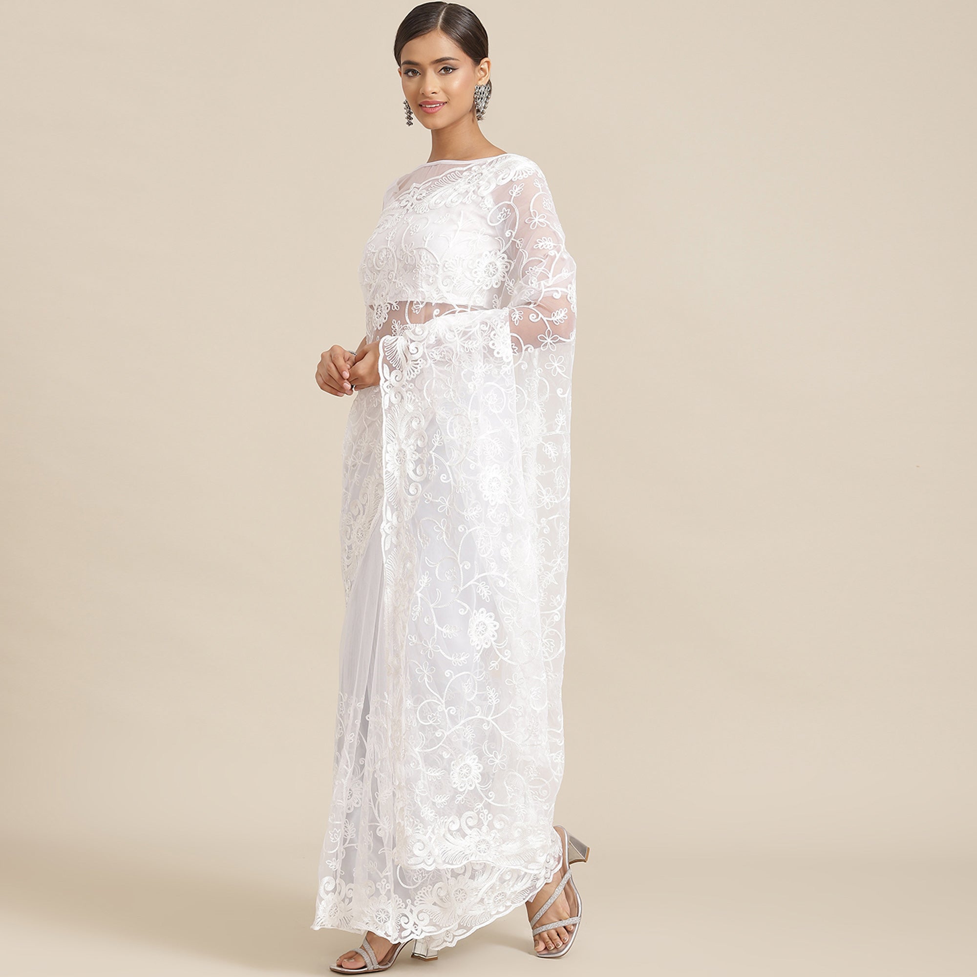 White Floral Embroidered Net Saree