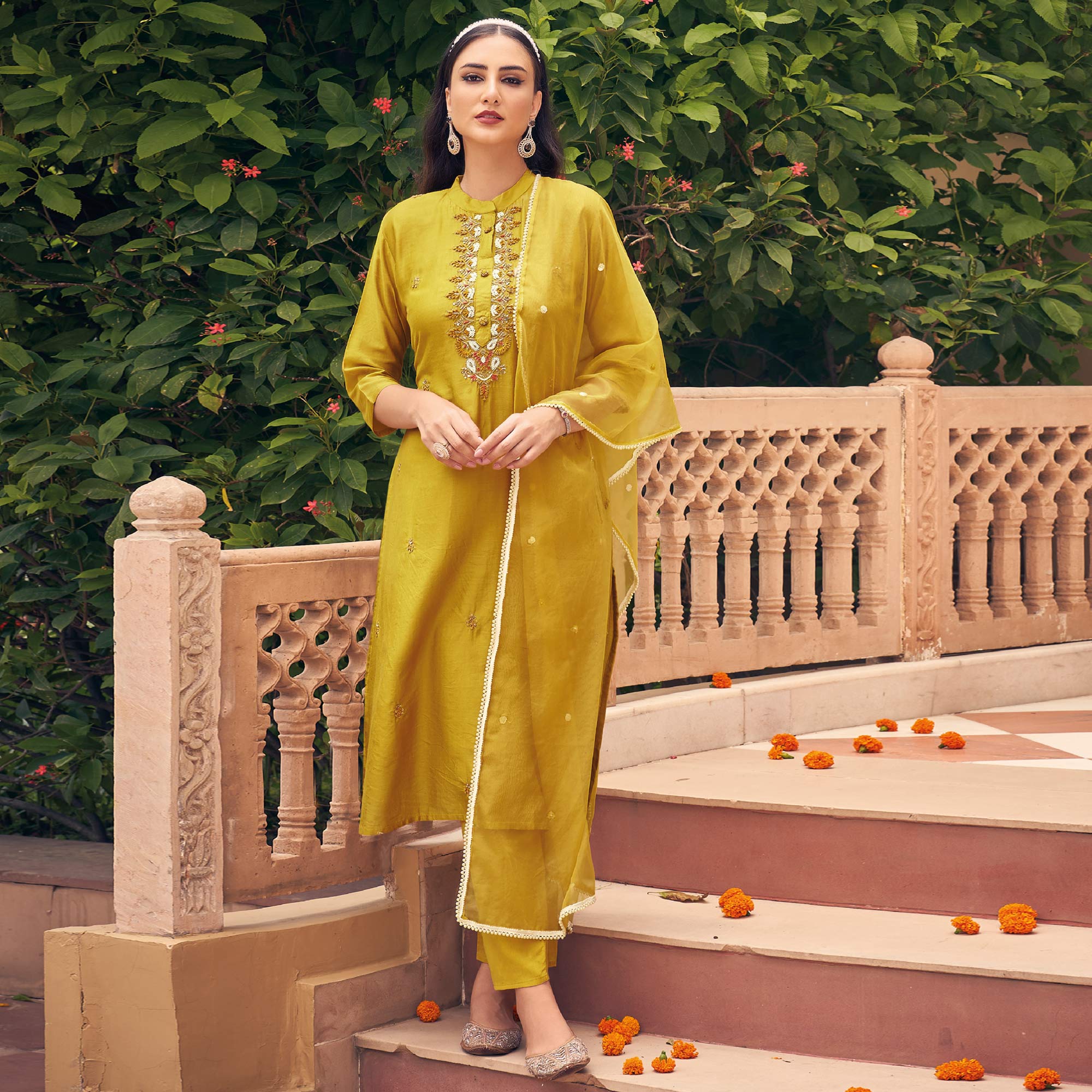 Mustard Embellished Viscose Salwar Suit