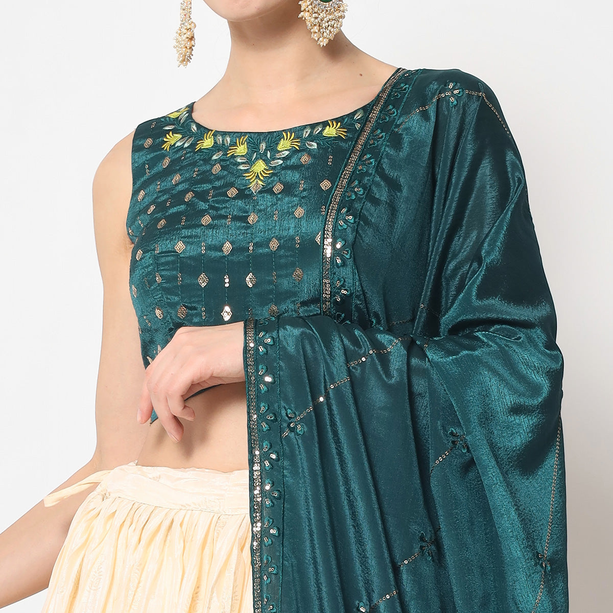 Cream Foil Printed Chiffon Lehenga Choli