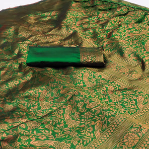 Green Woven Art Silk Saree With Tassels