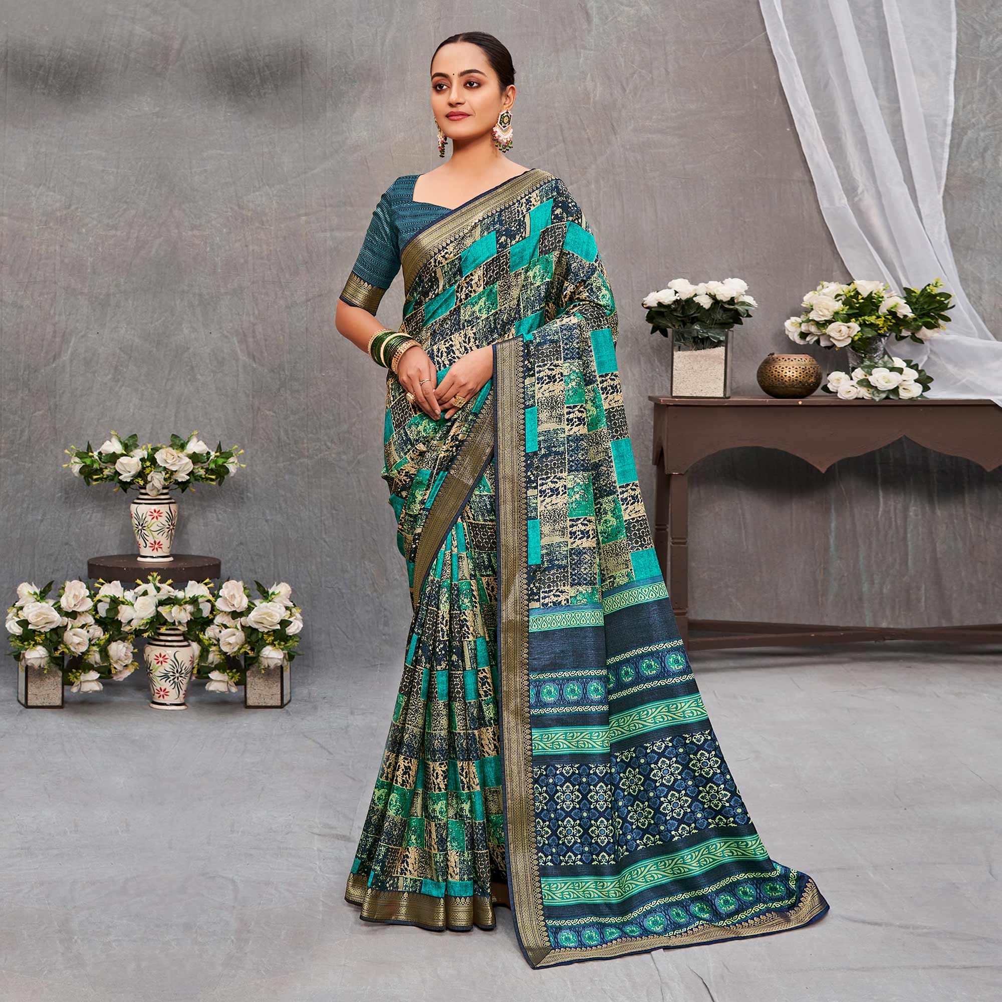 Turquoise Printed Tussar Silk Saree