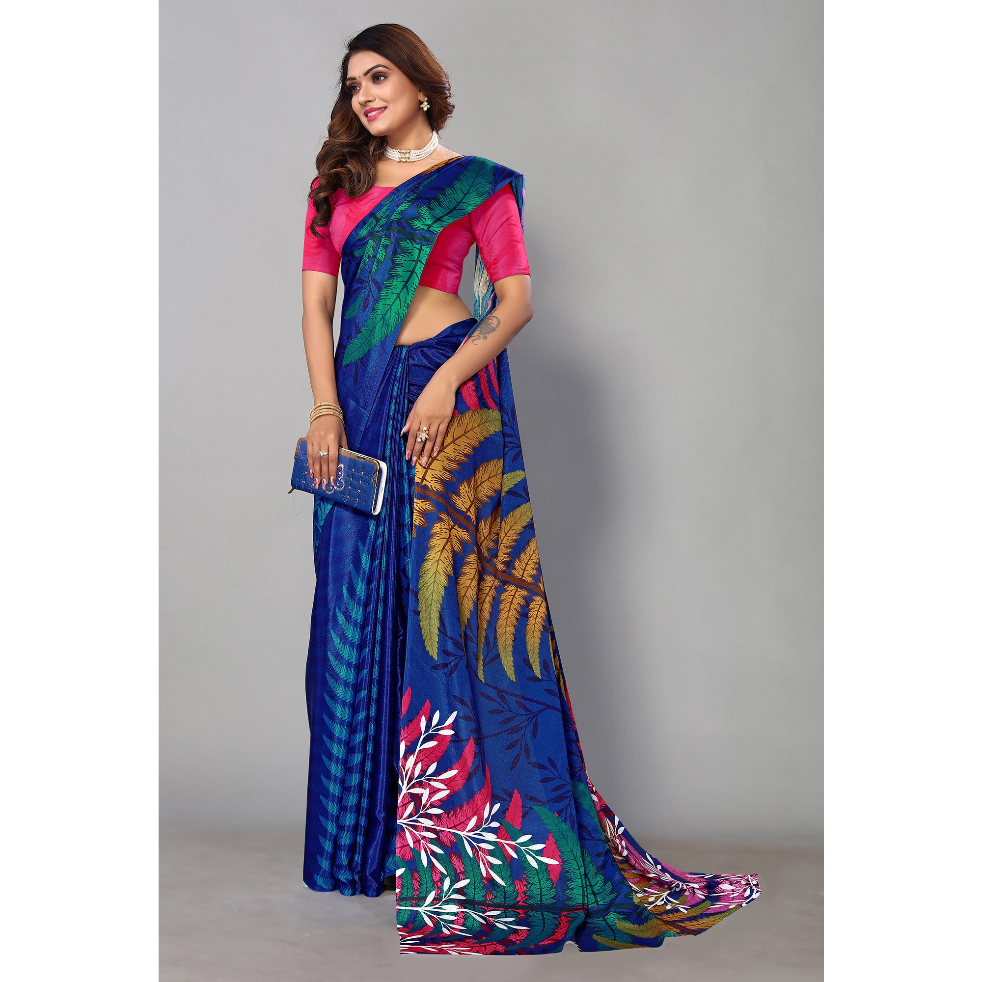 Blue Digital Printed Chiffon Saree