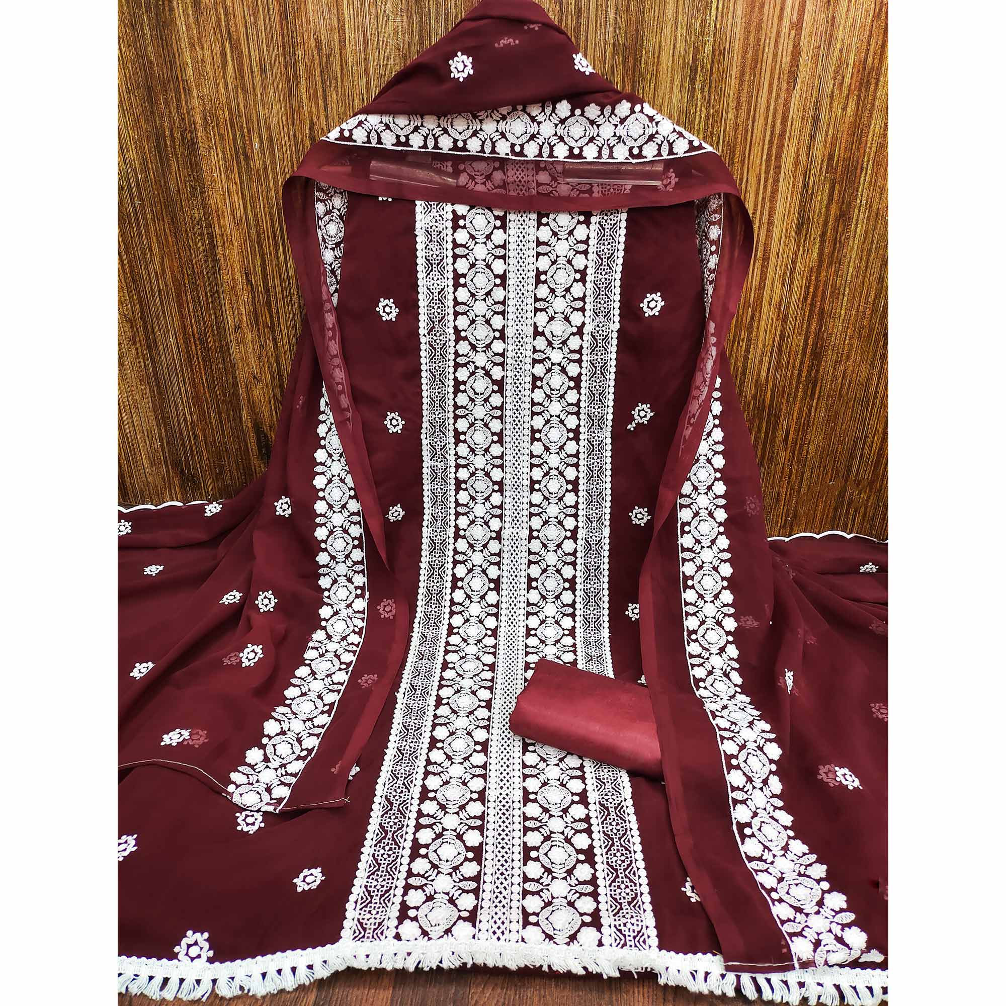 Maroon Lucknowi Embroidered Georgette Dress Material