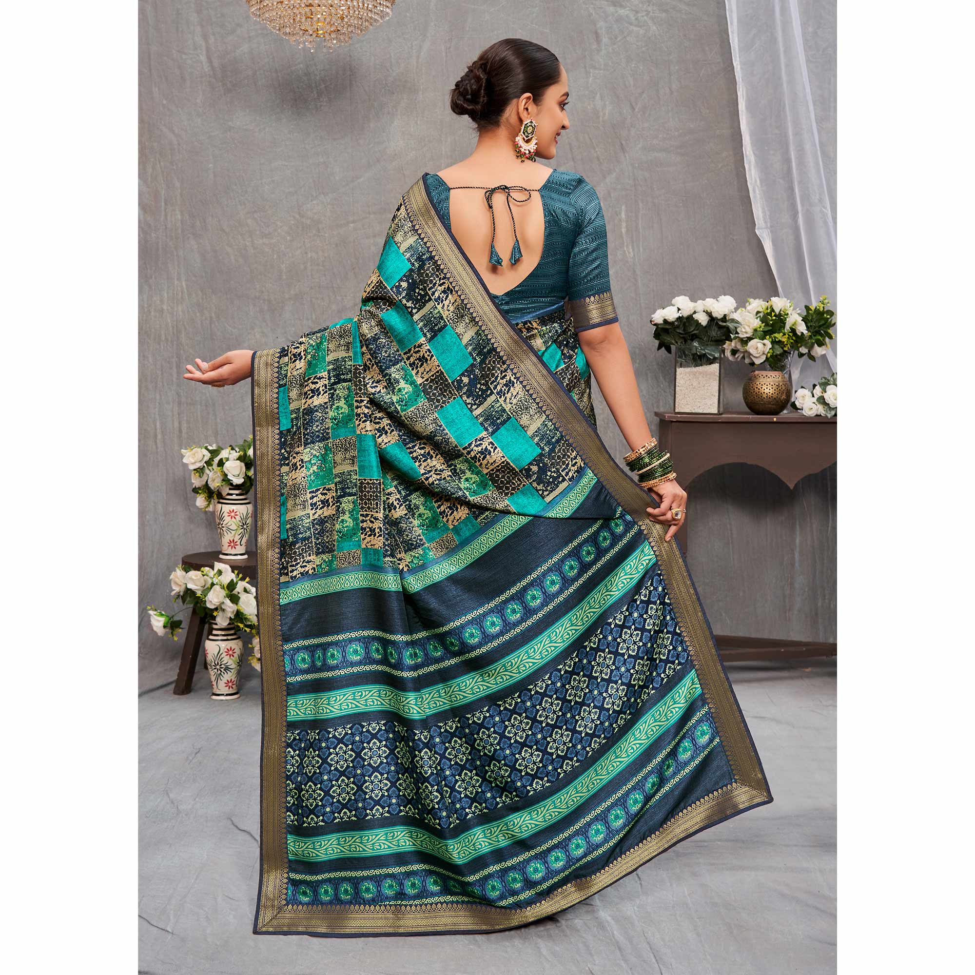 Turquoise Printed Tussar Silk Saree