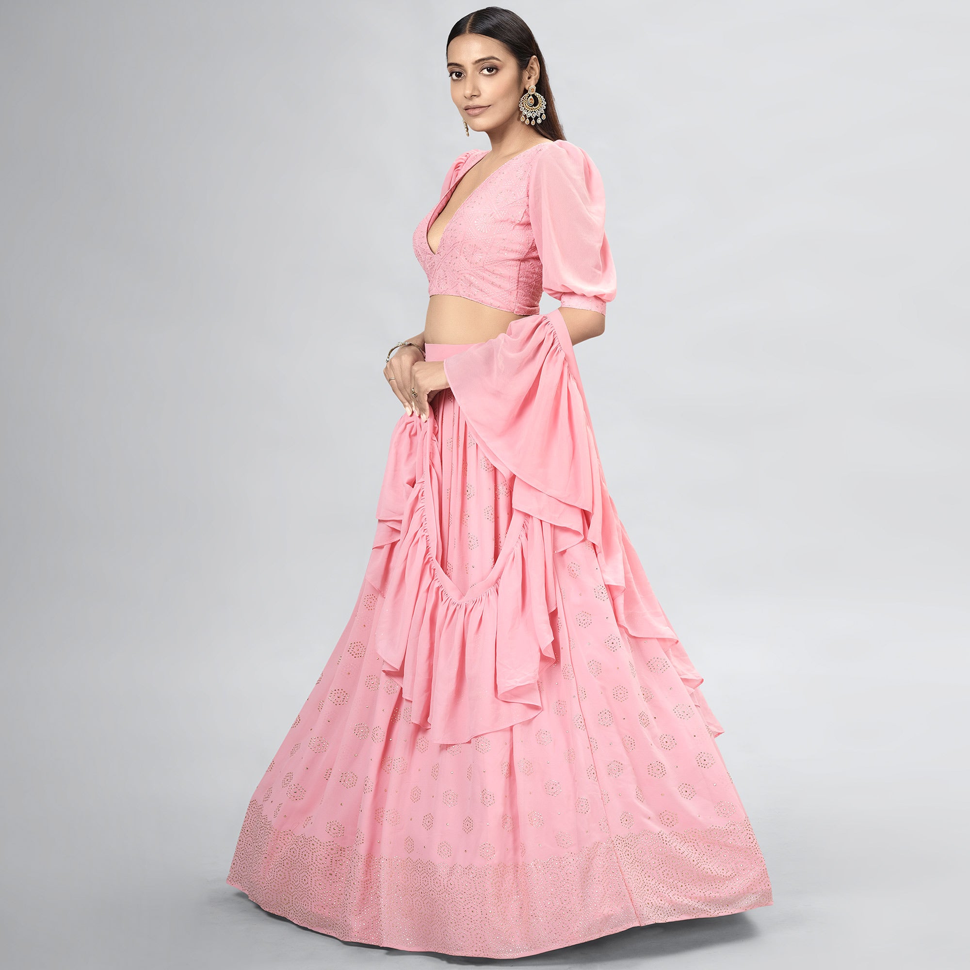 Pink Embellished With Embroidered Georgette Lehenga Choli