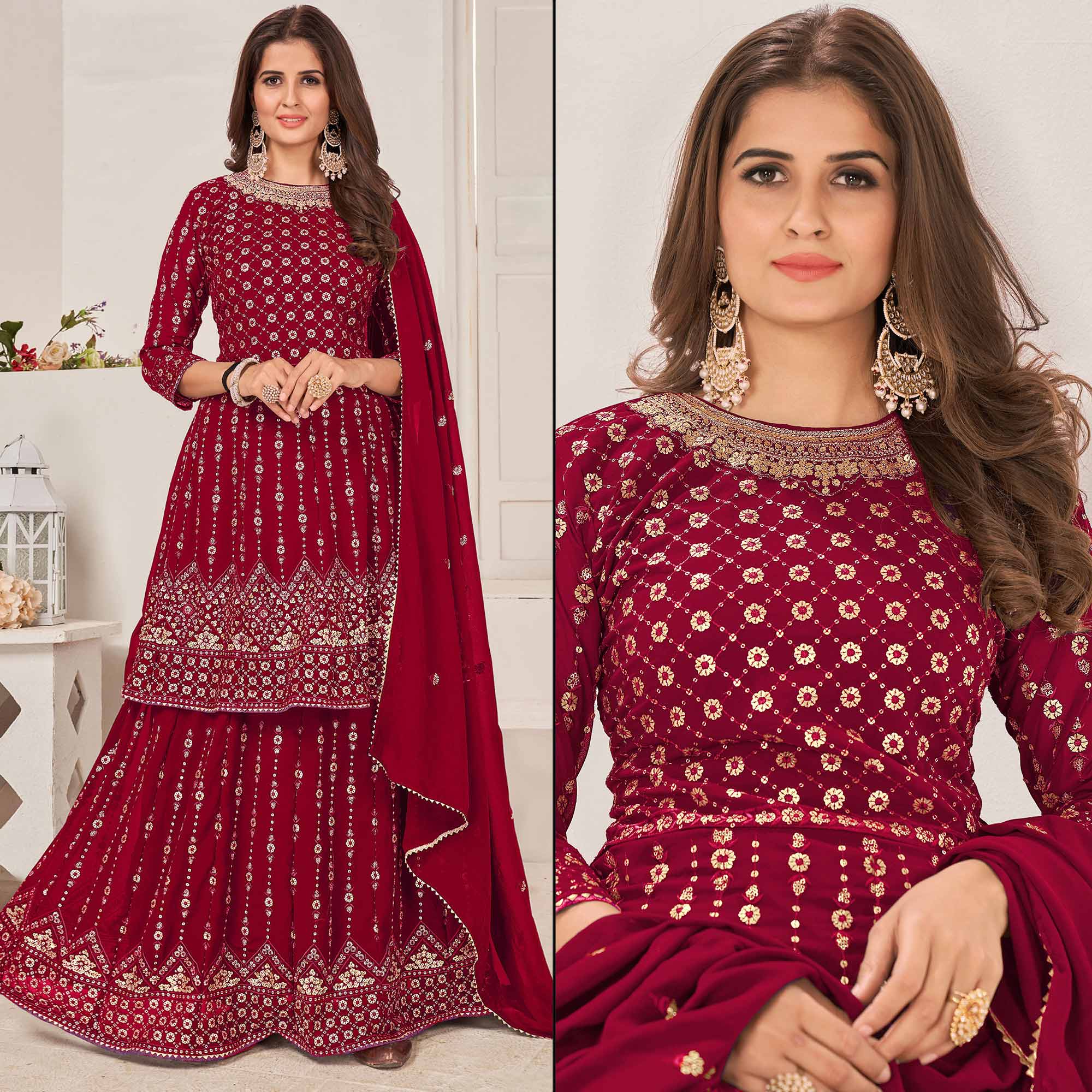 Maroon Sequins Embroidered Georgette Sharara Suit