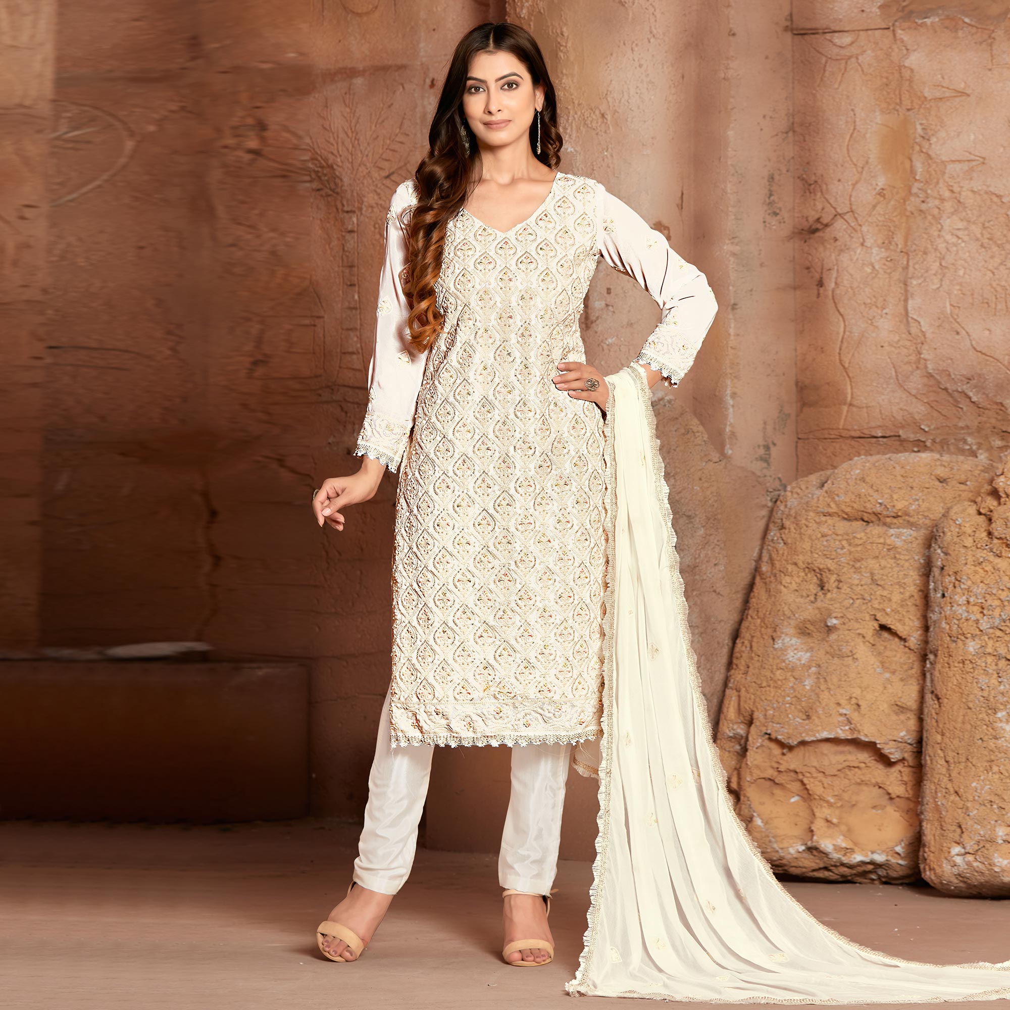White Lucknowi Embroidered Georgette Suit