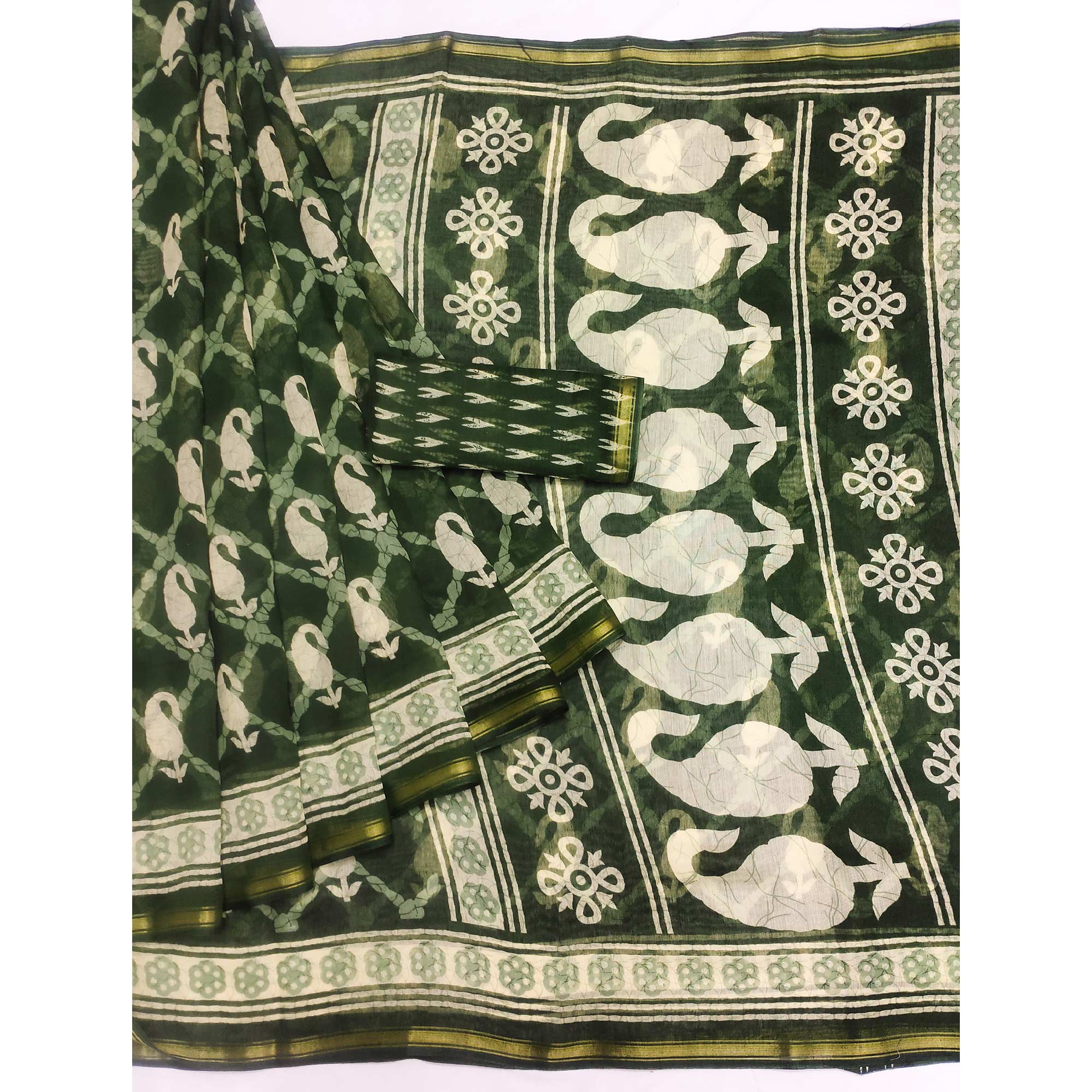 Green Printed Cotton Blend Saree