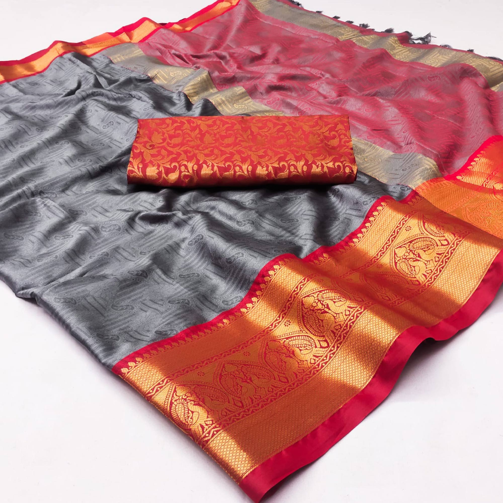 Grey Woven Cotton Silk Saree With Tassels