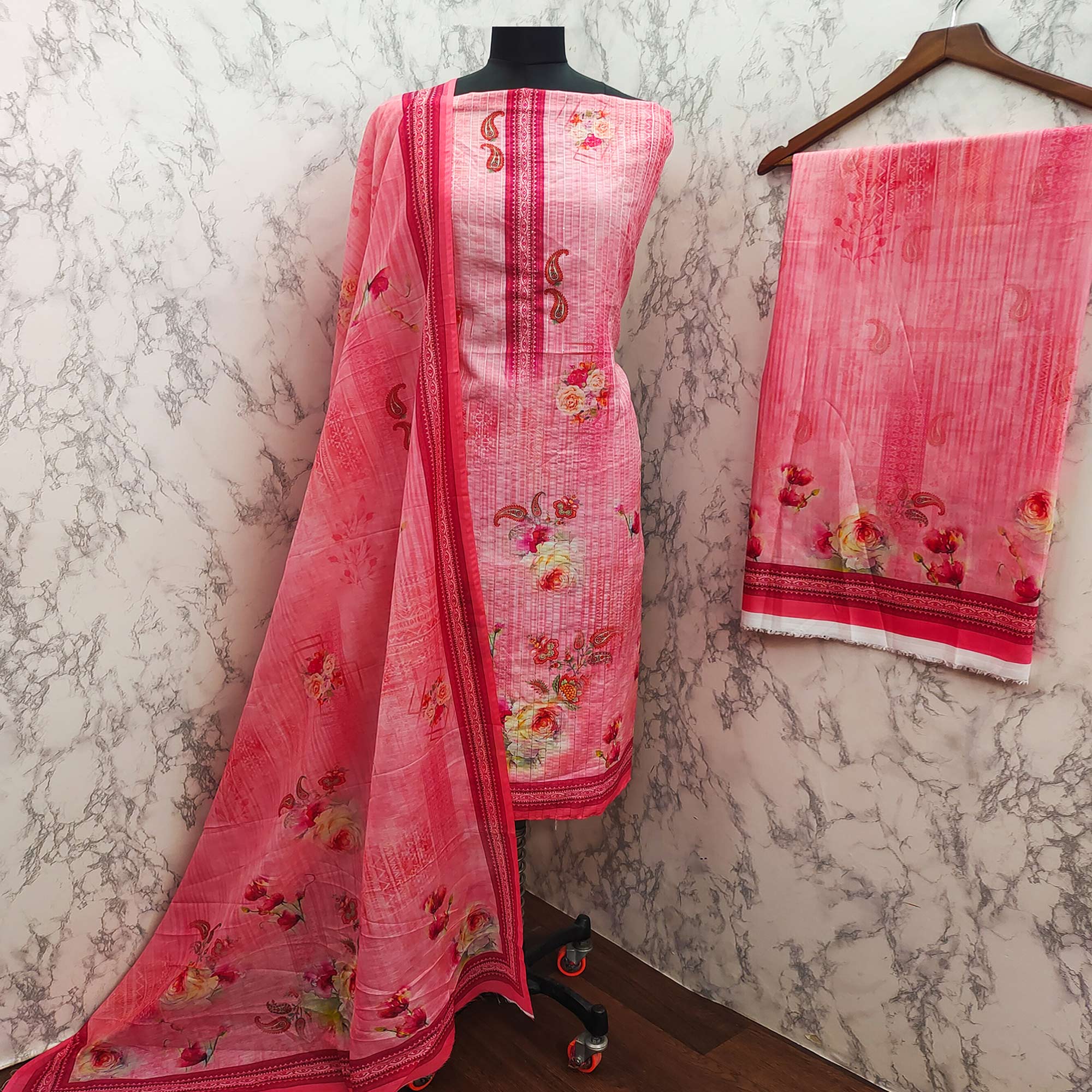 Pink Floral Digital Printed Muslin Dress Material