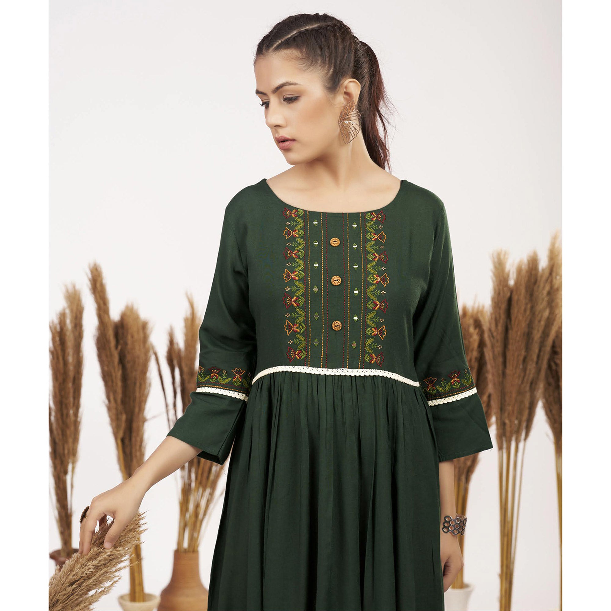 Bottle Green Floral Embroidered Rayon Short Dress