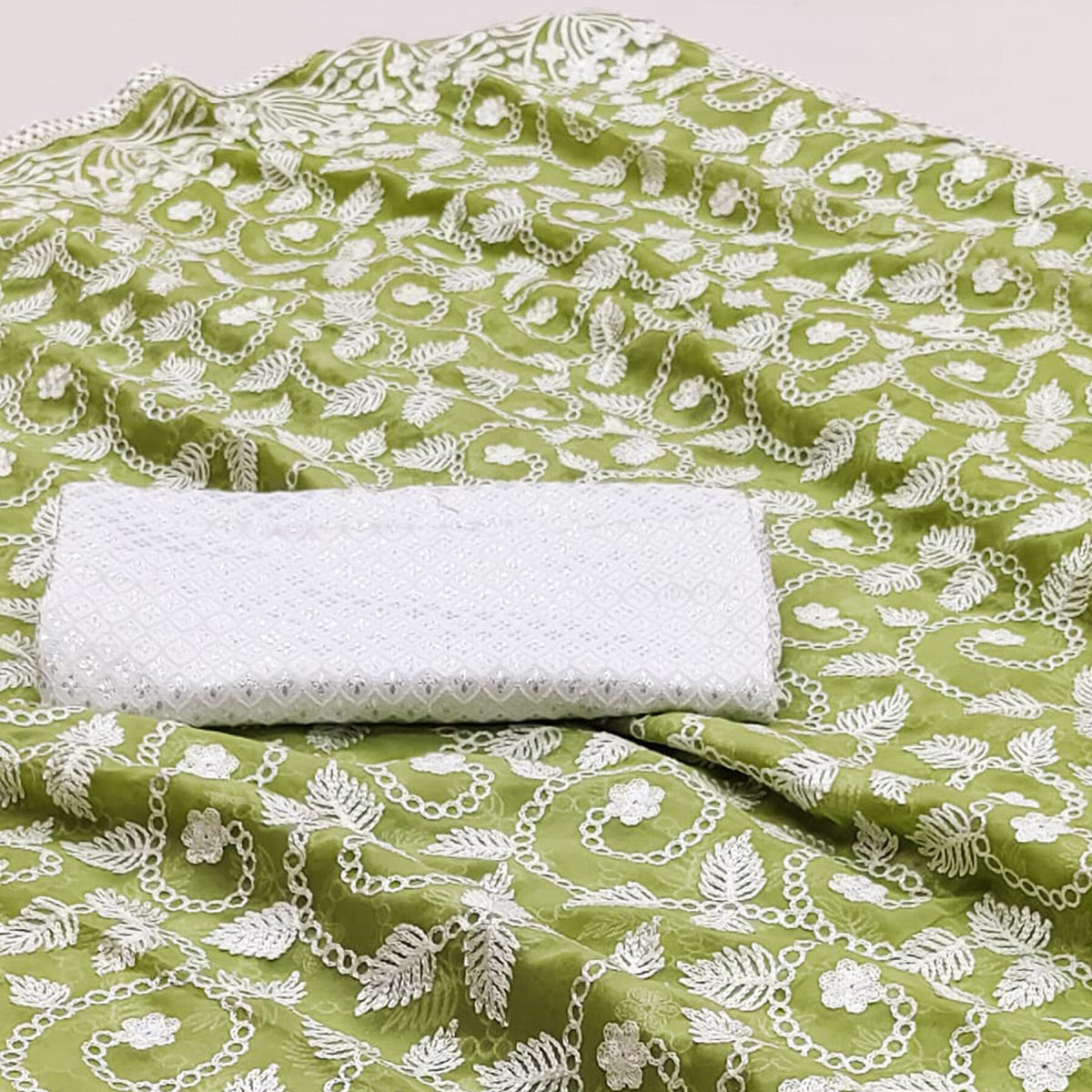 Olive Green Lucknowi Embroidered Organza Saree