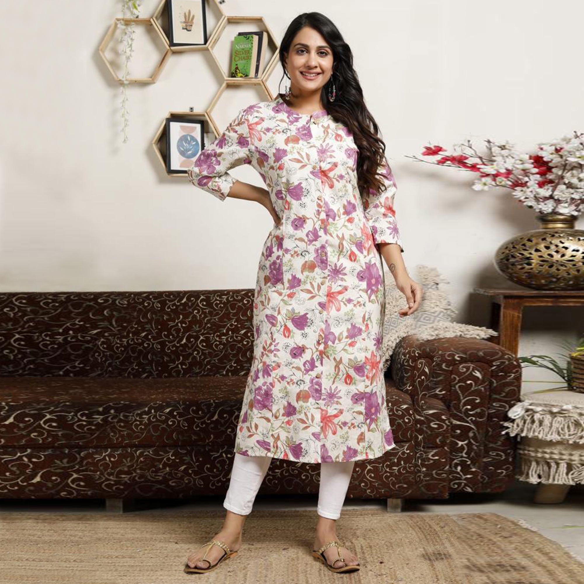 White Purple Floral Printed Cotton Kurti