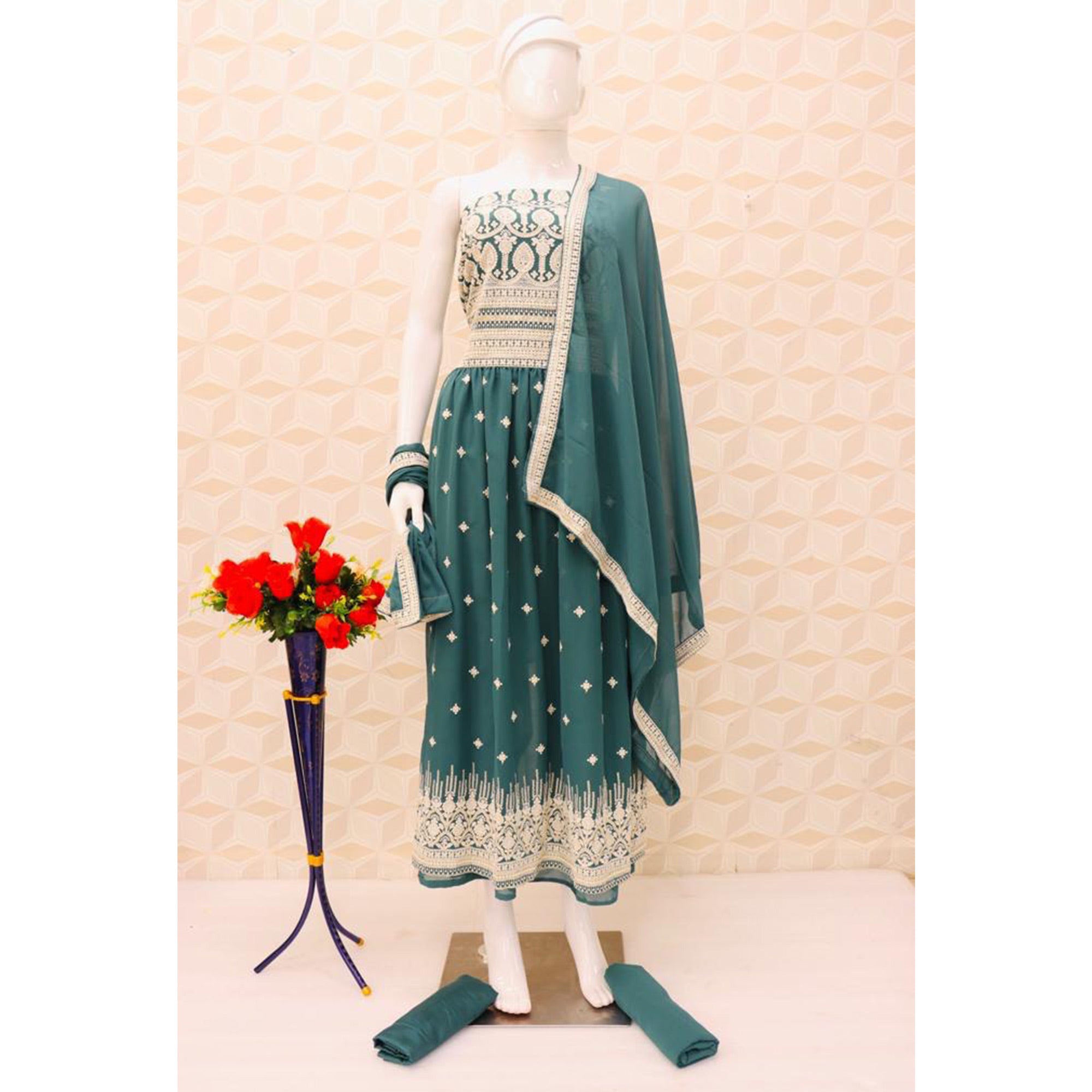 Rama Green Embroidered Georgette Naira Cut Semi Stitched Palazzo Suit